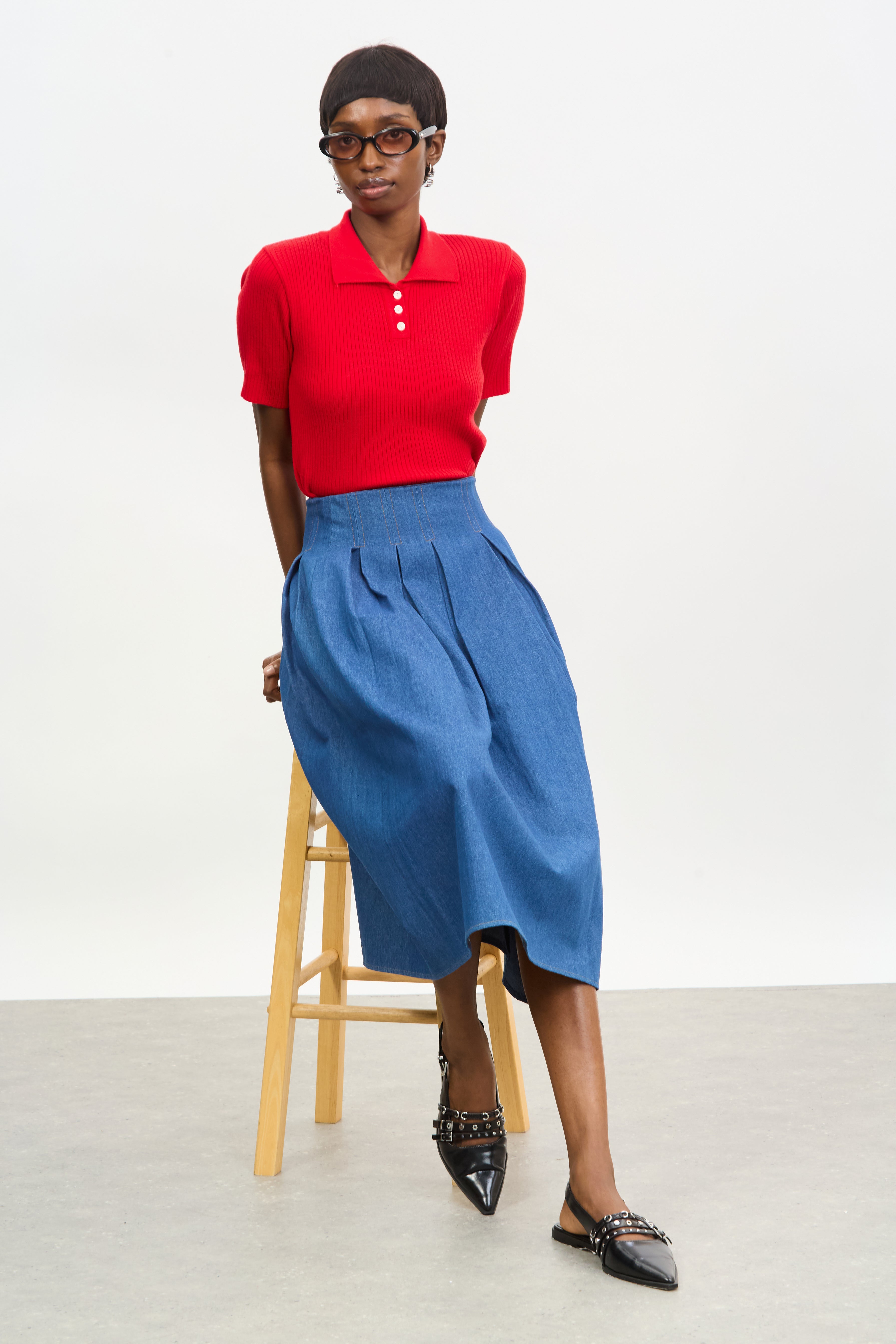 Blue denm contrast stitch box pleat skirt_5