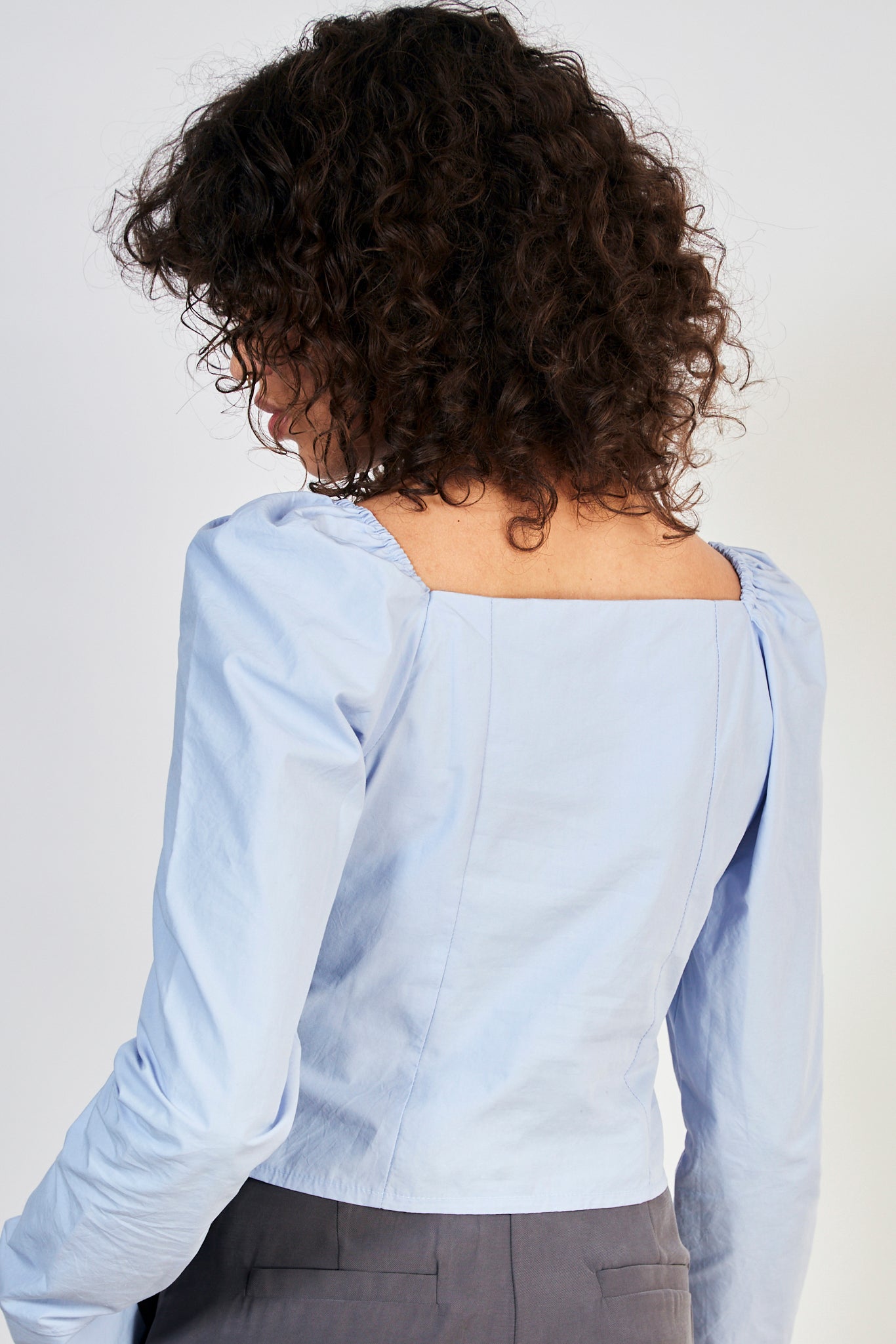 Blue double bow front sleeve fitted bodice blouse_2