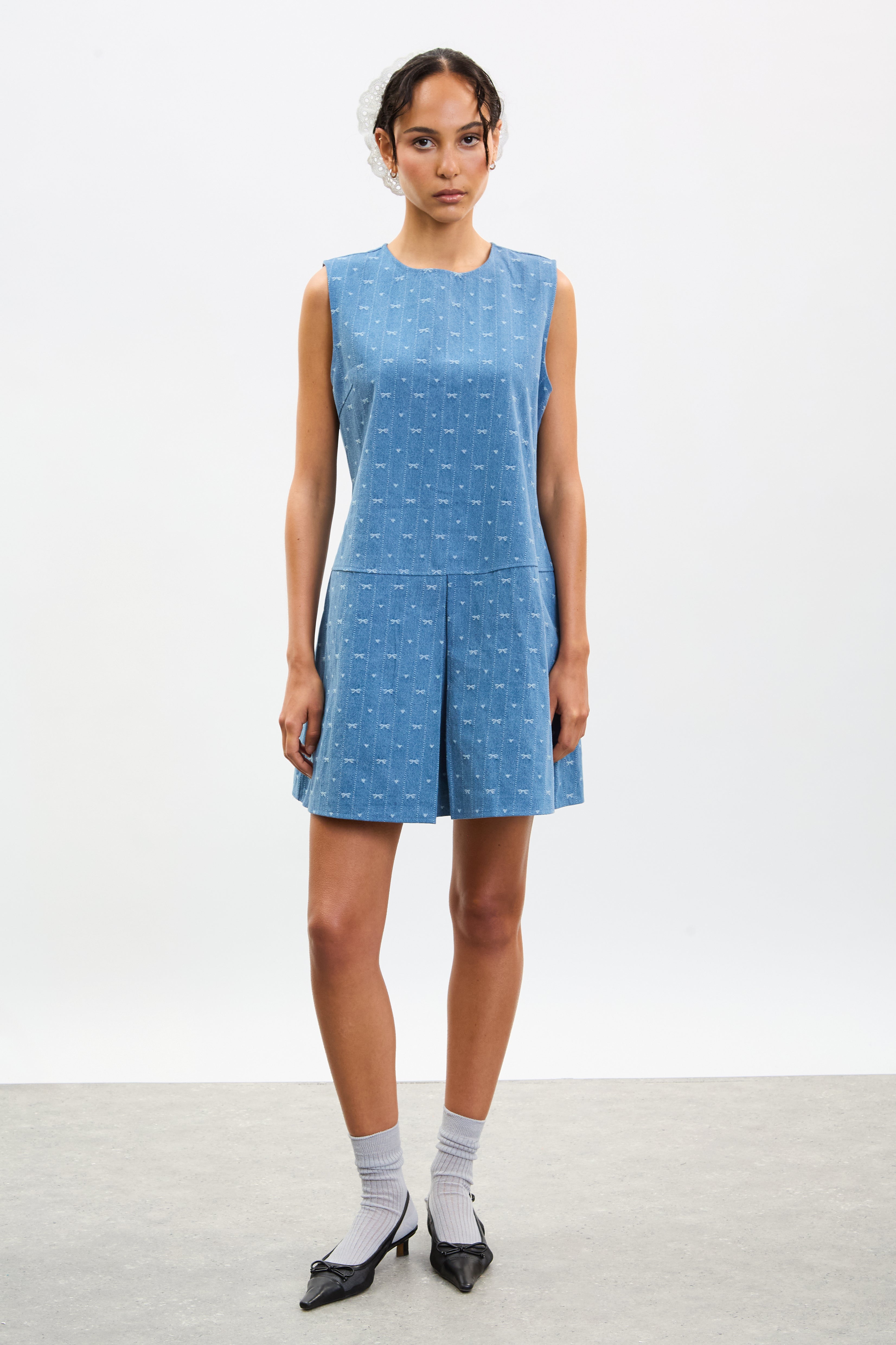 Blue ribbon printed denim mini dress_1