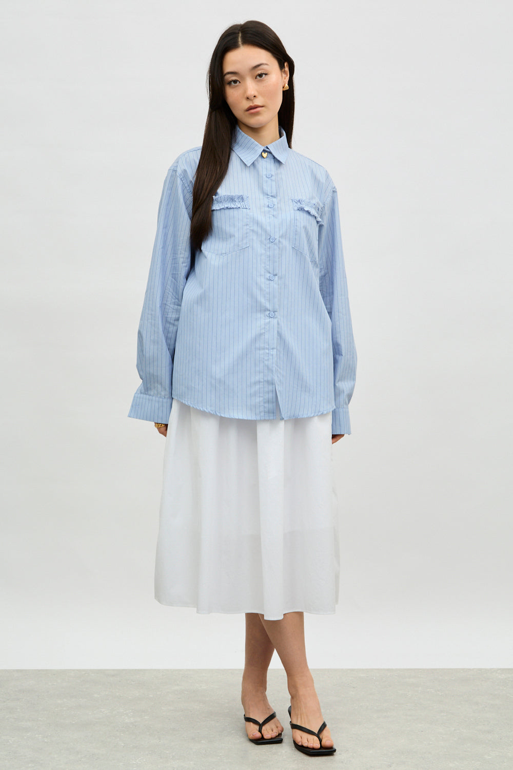 Blue striped ruffle pocket trim shirt_4