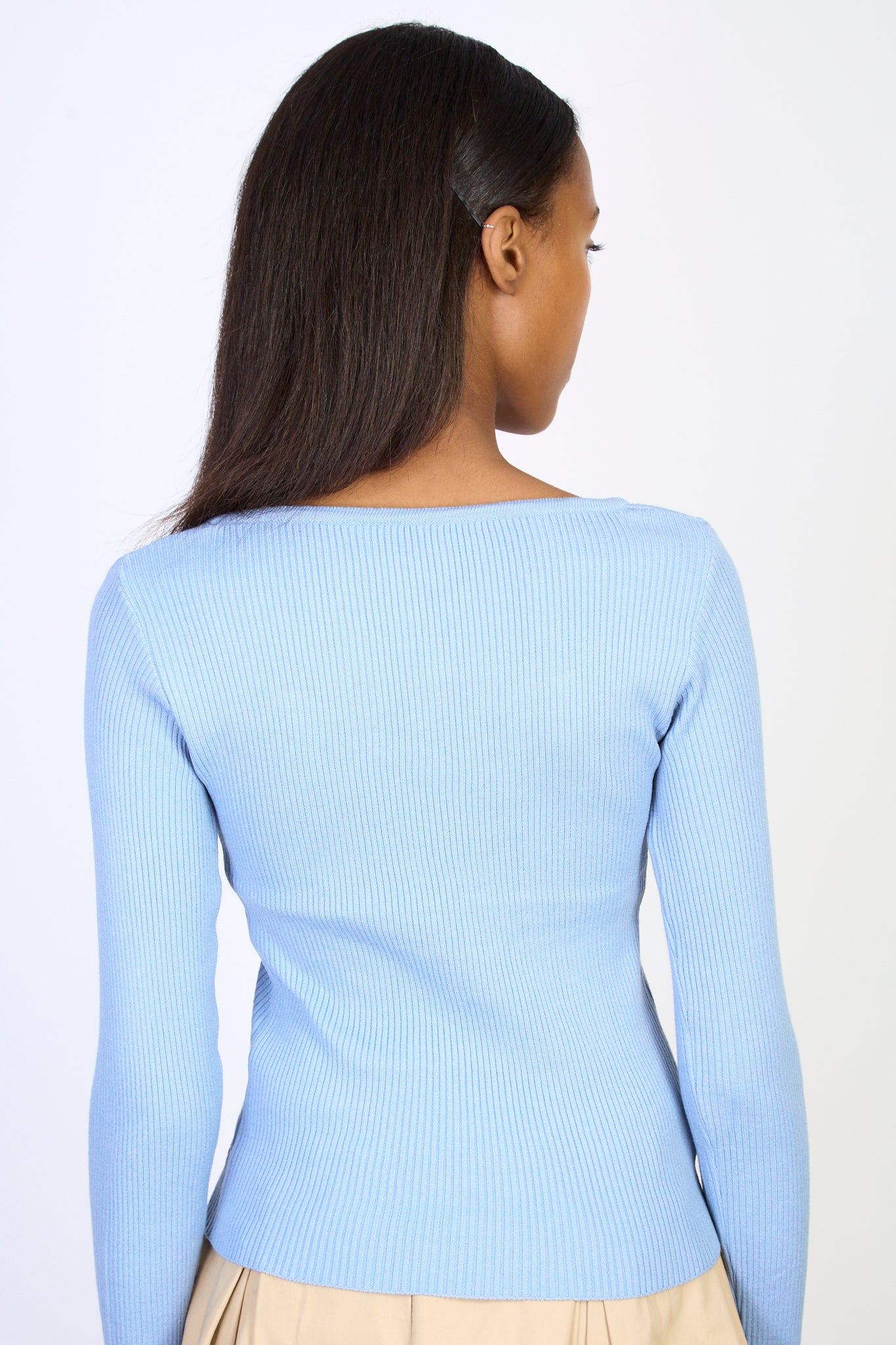 Blue tie neck ribbed knit top_2