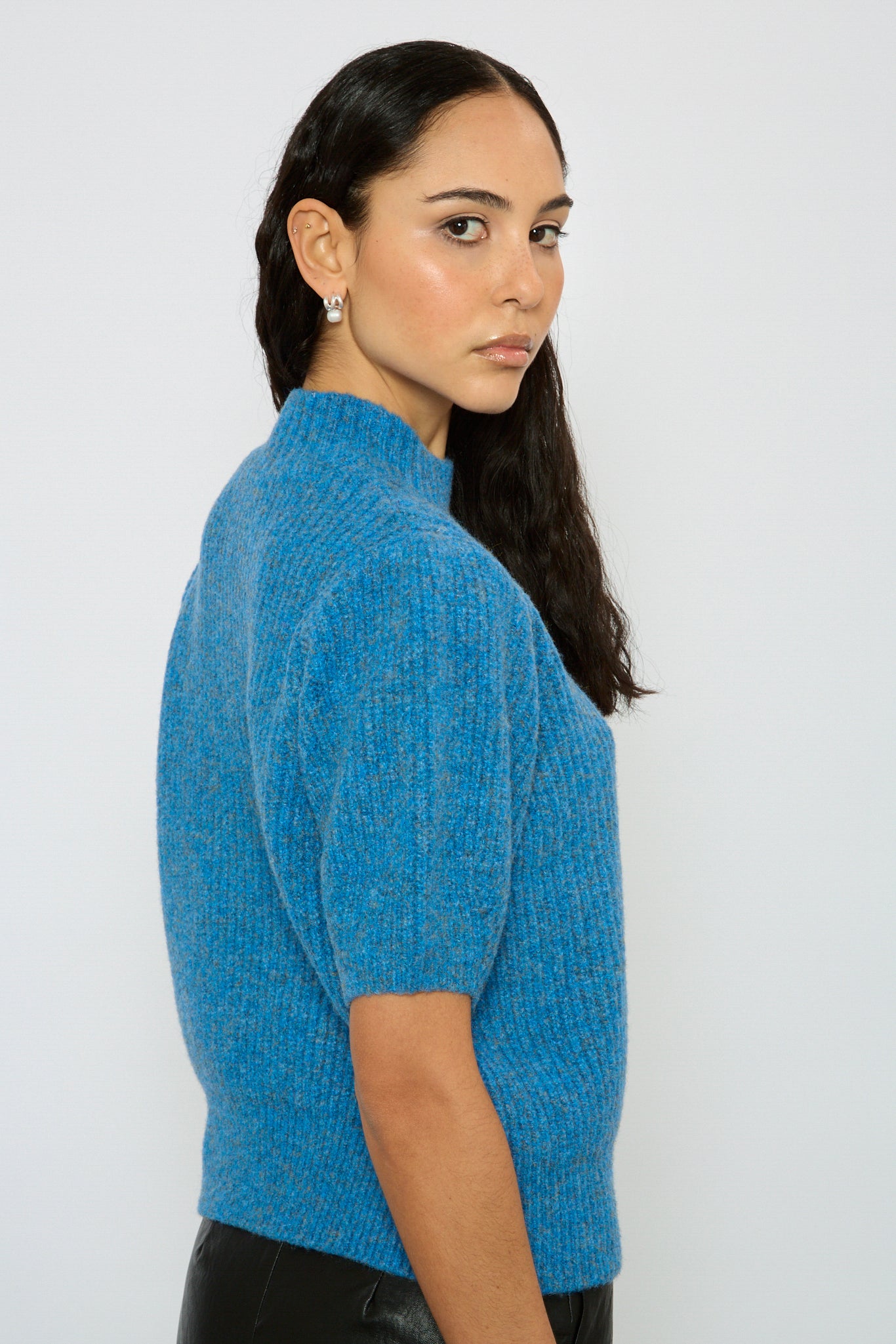 Blue wool blend puff sleeve knit top_2