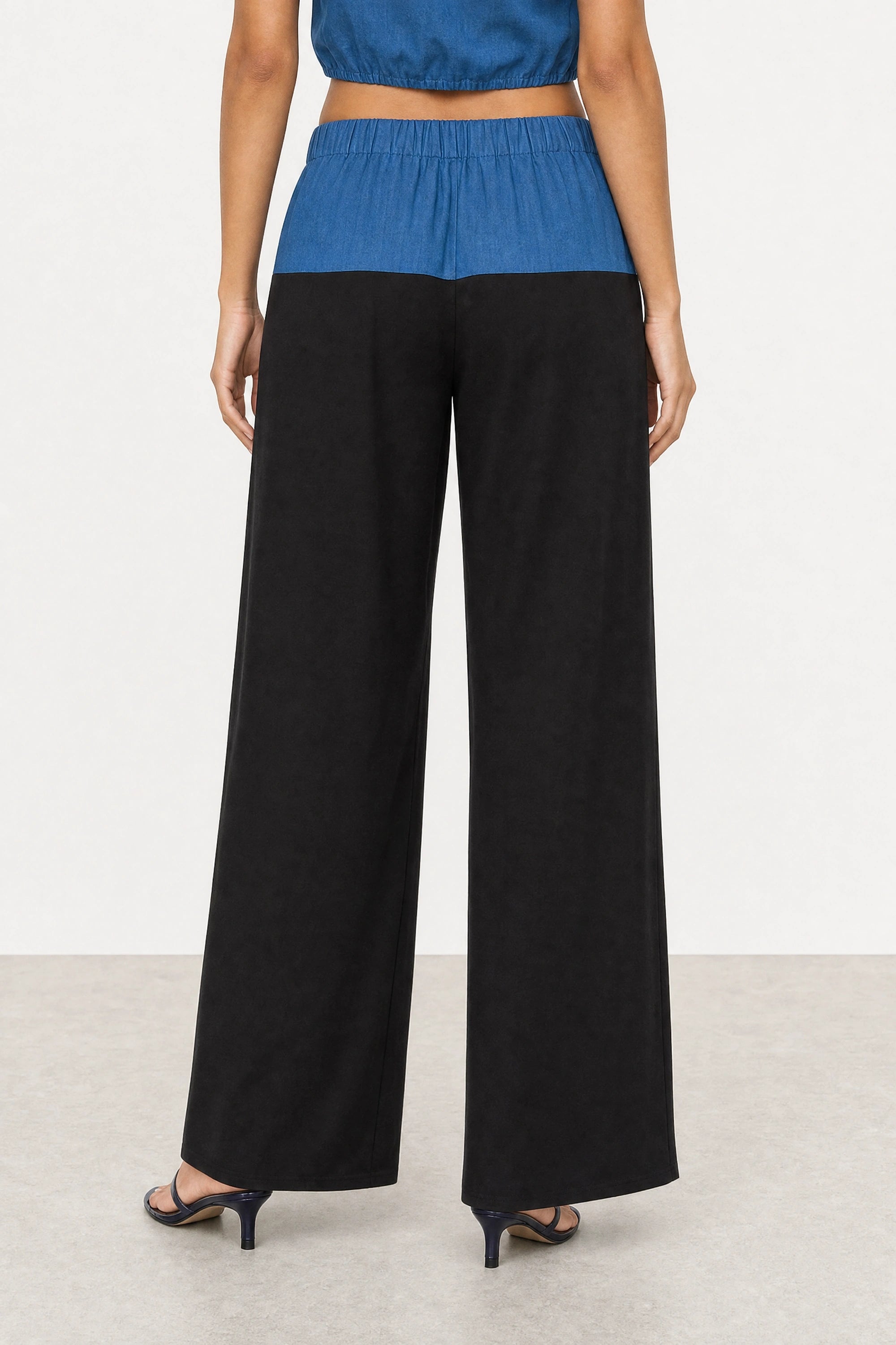 Blue denim and black jersey trousers_4