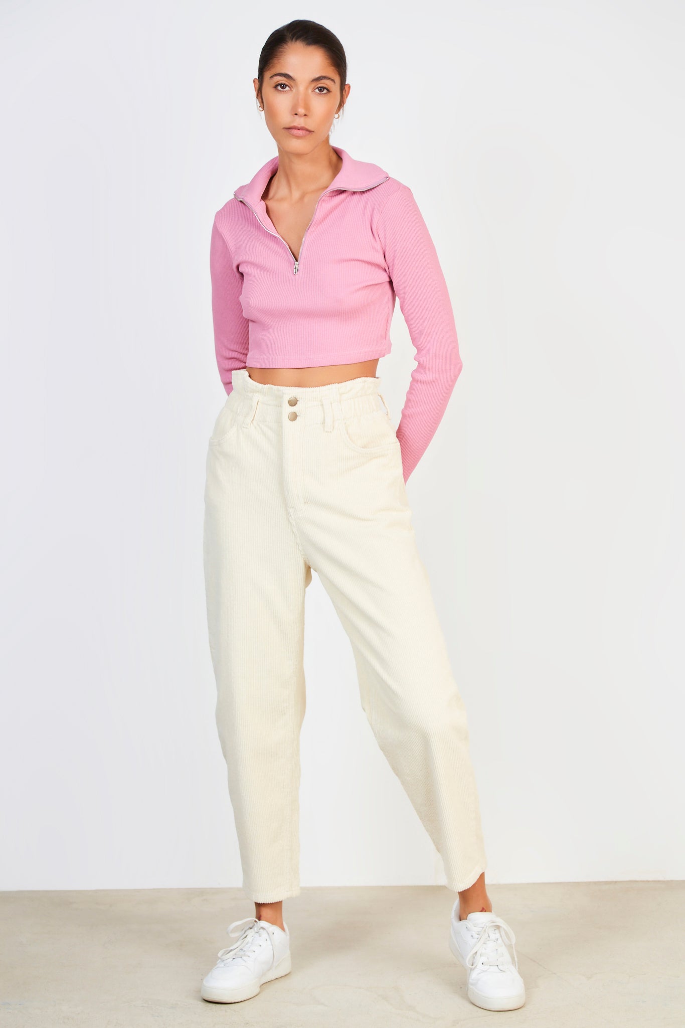 Pink ribbed zip neck top_3