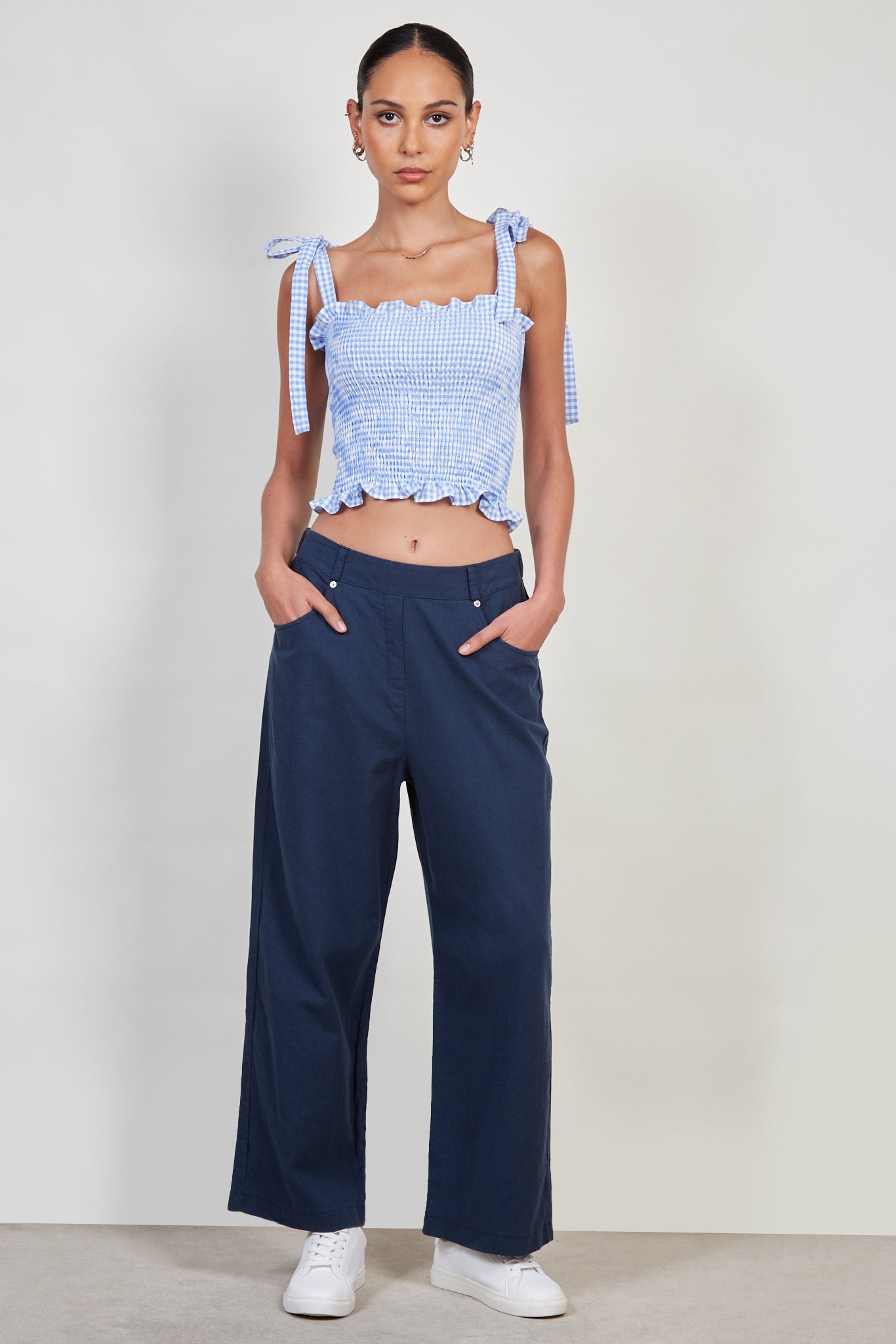 Blue gingham ruched tie strap tank_5