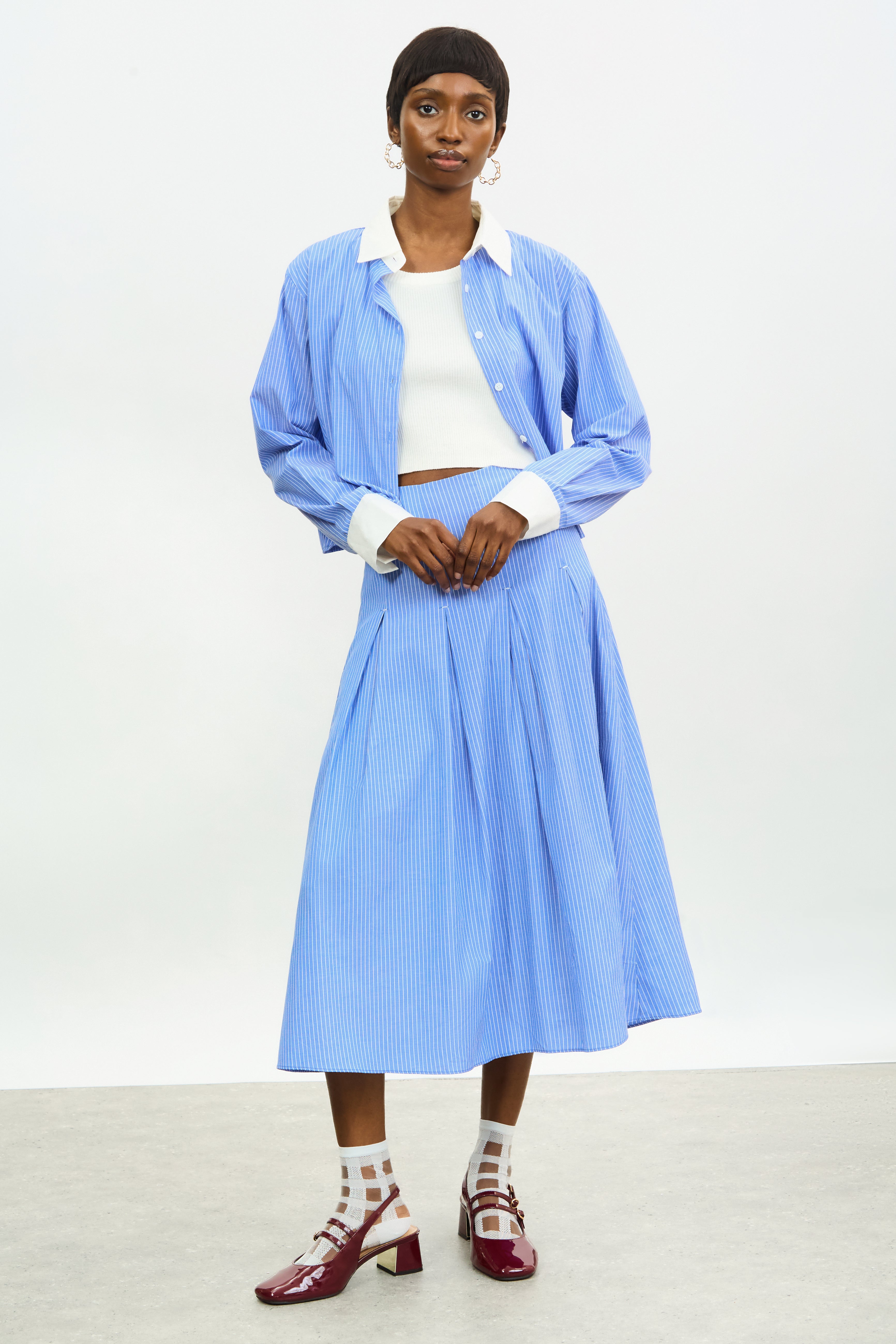 Bright blue and white stripe pleated midi skirt_4