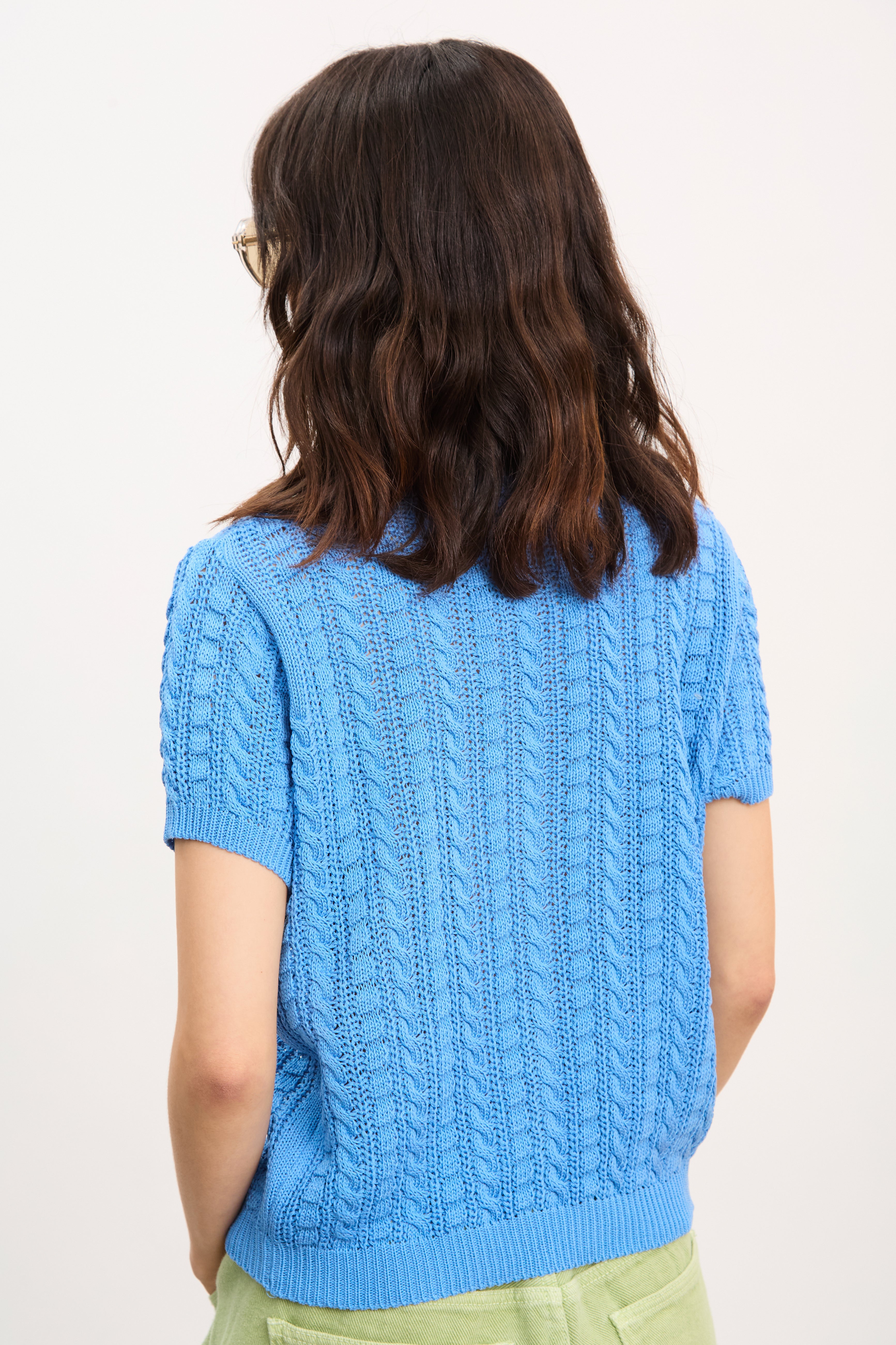 Bright blue cable knit short sleeved cardigan top_2