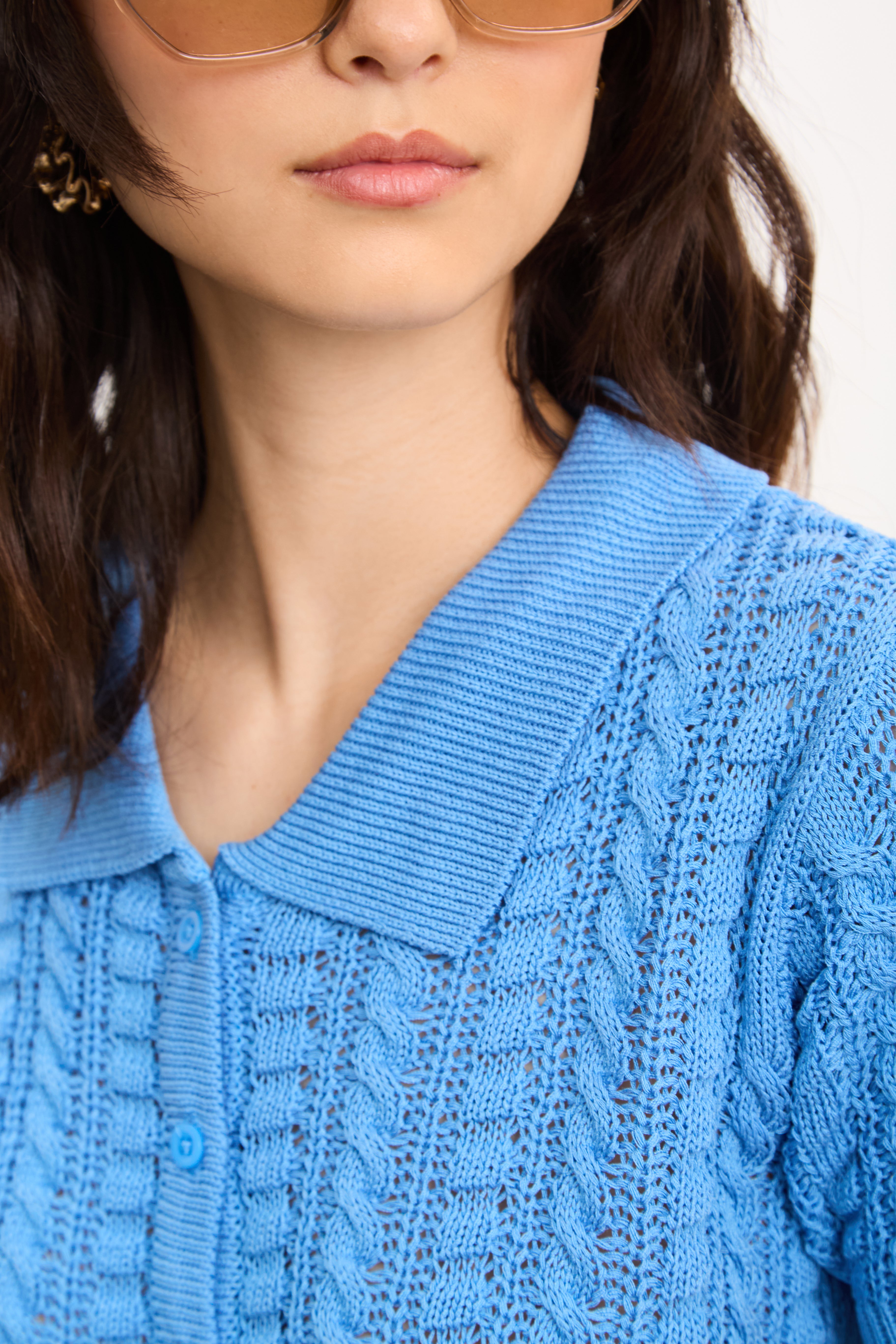 Bright blue cable knit short sleeved cardigan top_3