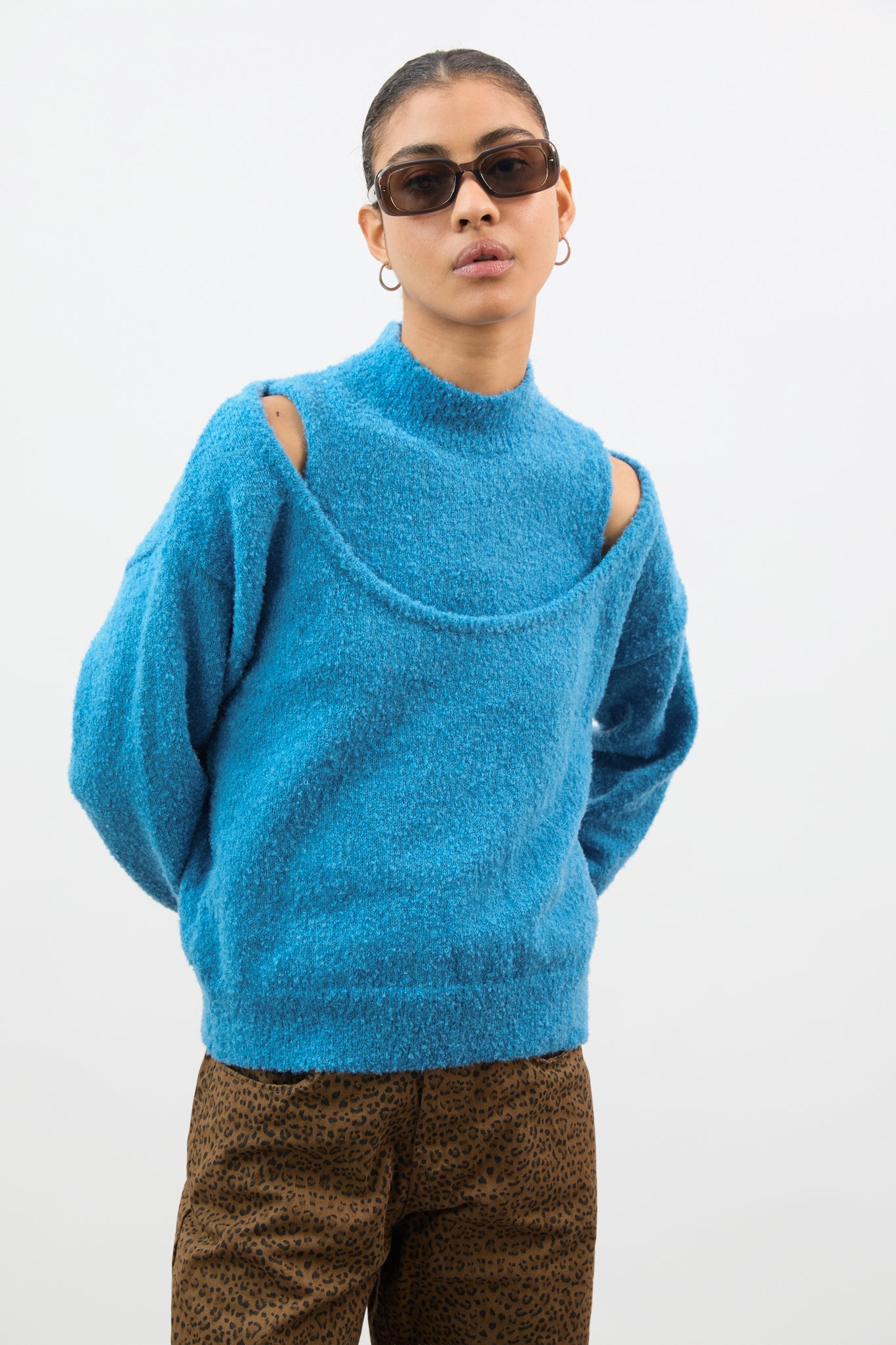 Bright blue cold shoulder mock neck jumper_1