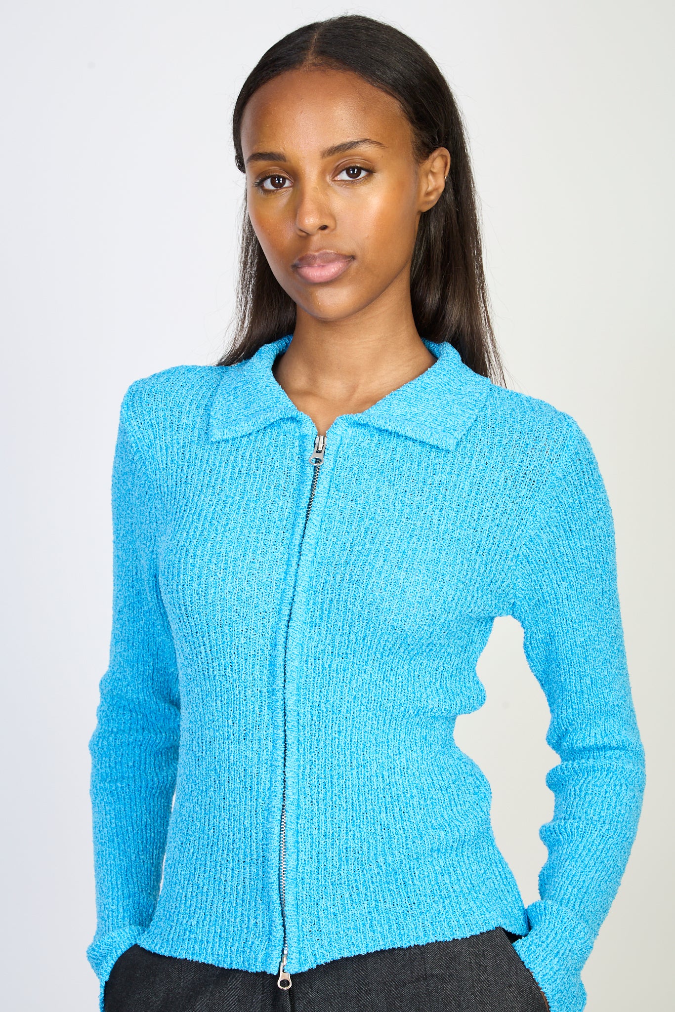 Bright blue double zip collared cardigan_1