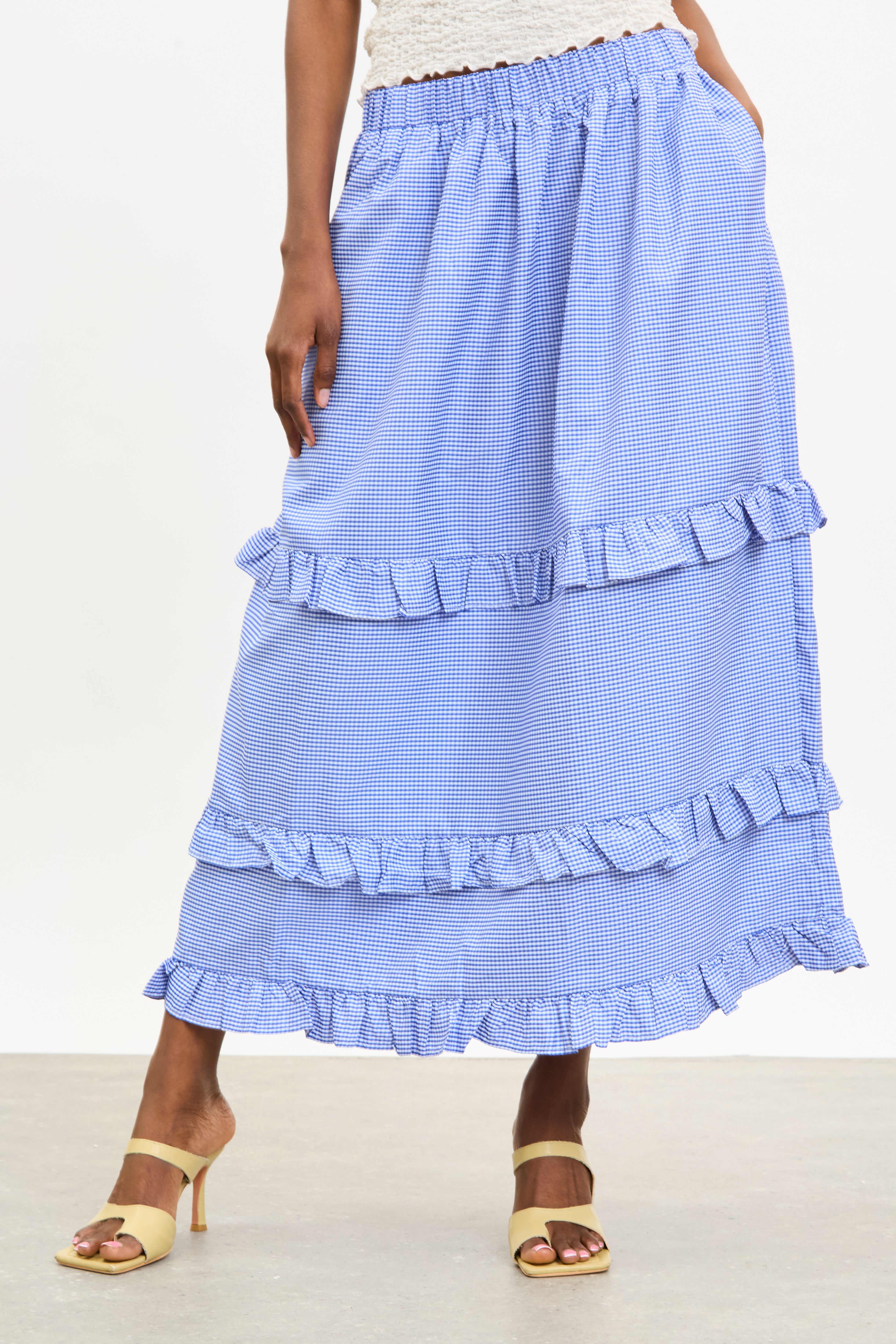 Bright blue gingham tiered ruffle trim skirt | Glassworks London