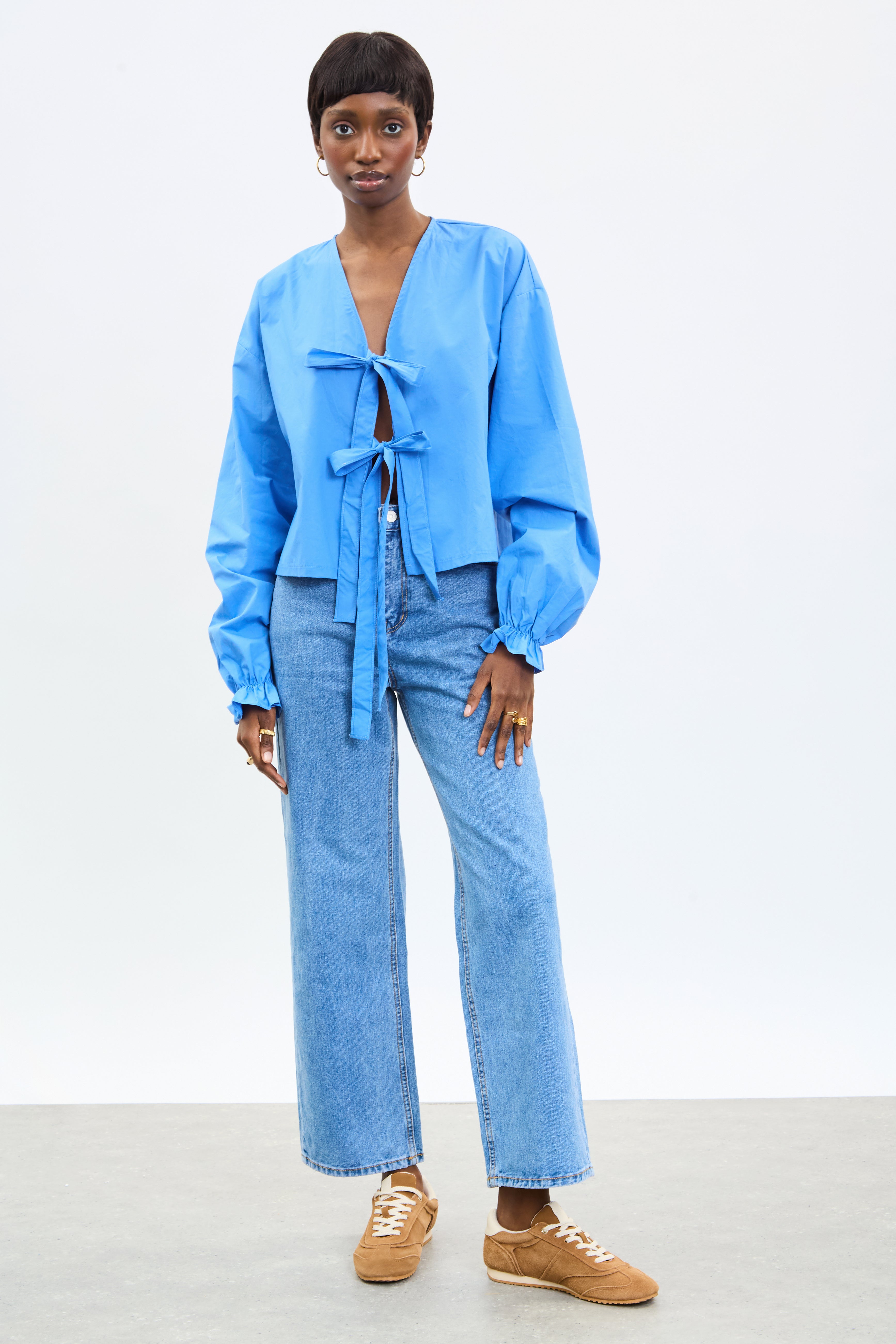 Bright blue pure cotton tie front blouse_4