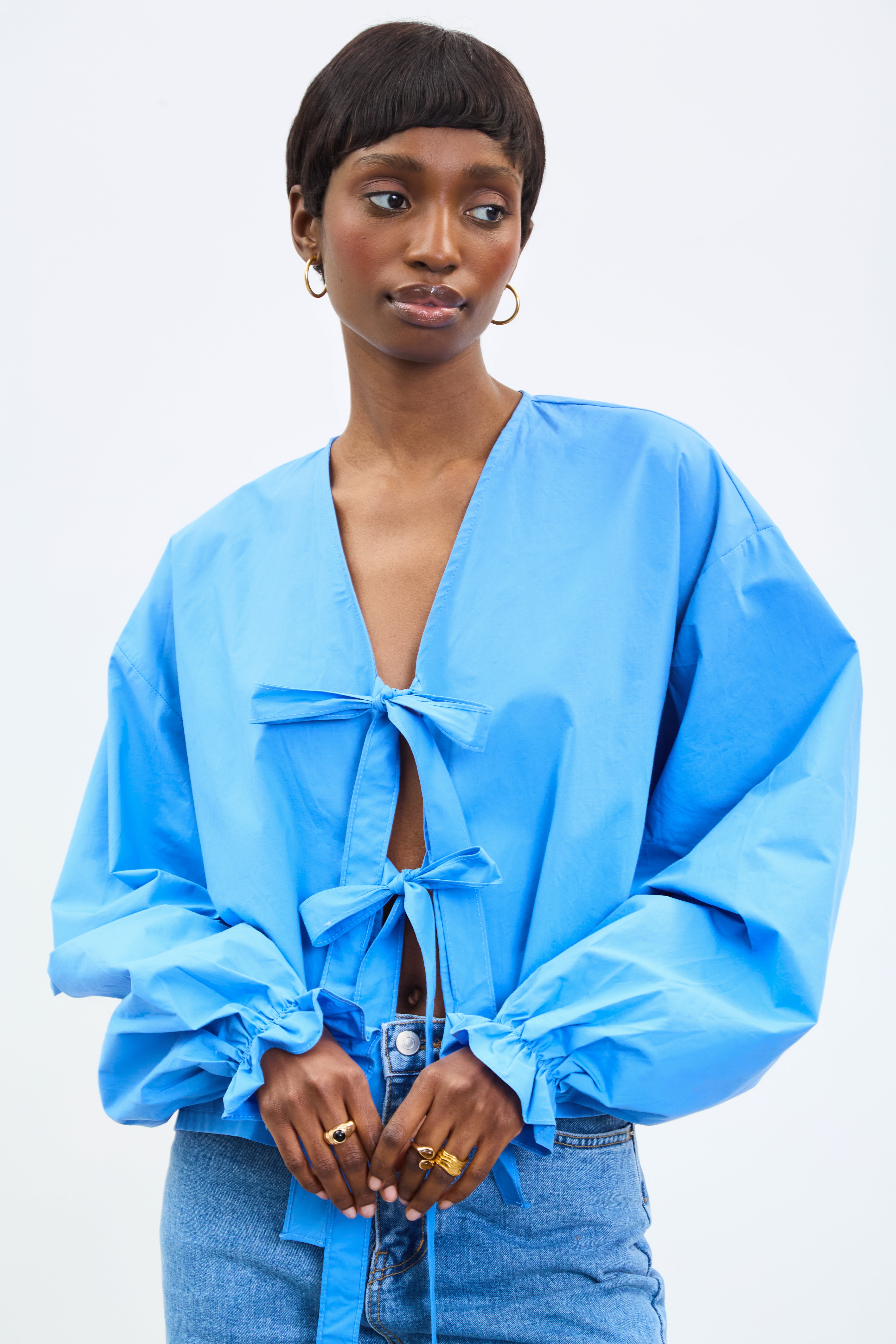 Bright blue pure cotton tie front blouse_1