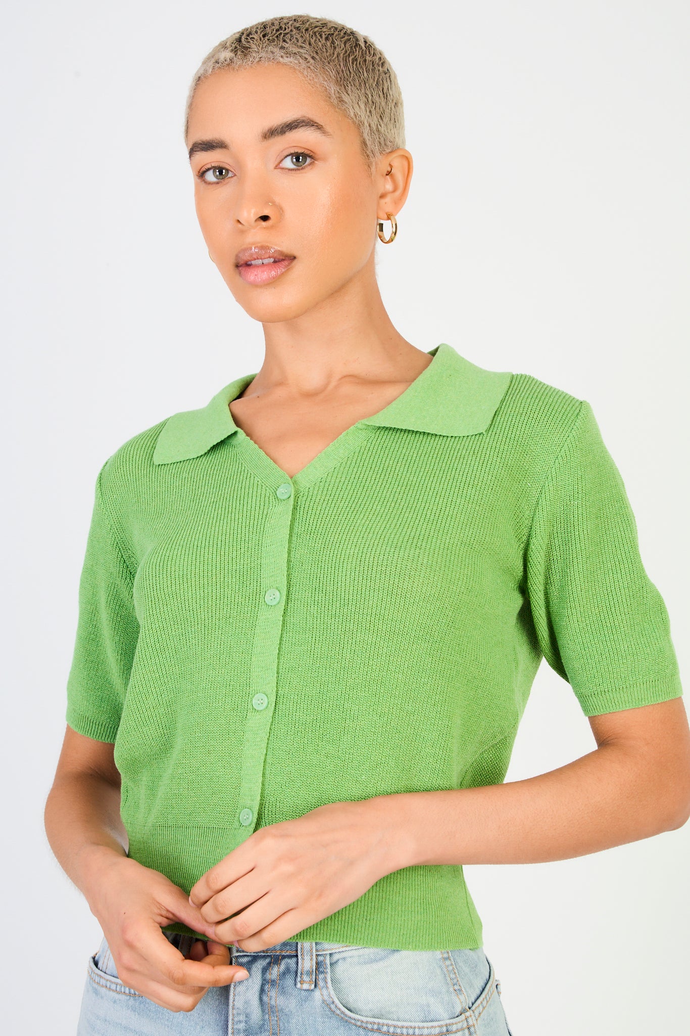 Bright green linen blend collared knit tee_1