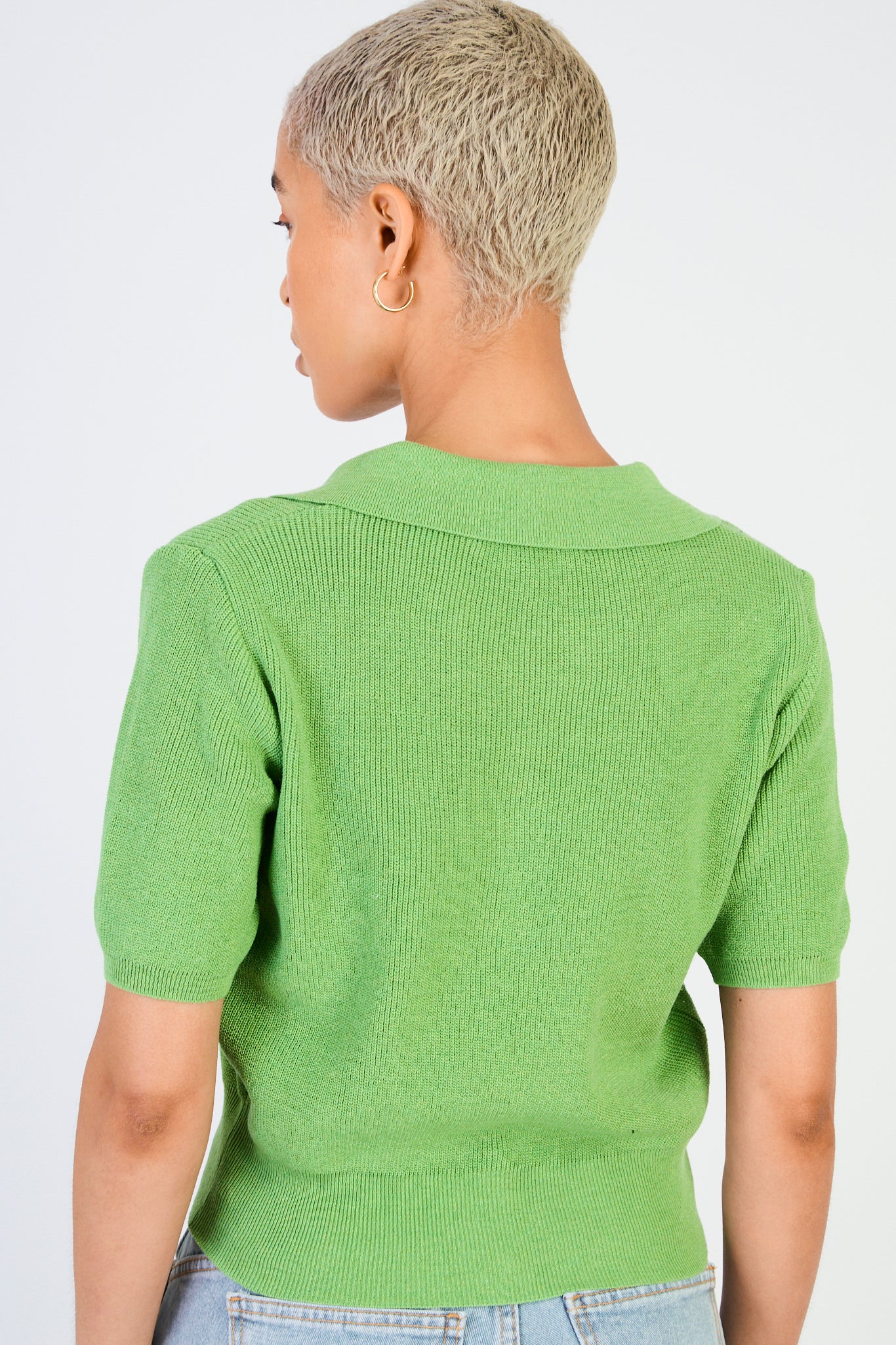 Bright green linen blend collared knit tee_2