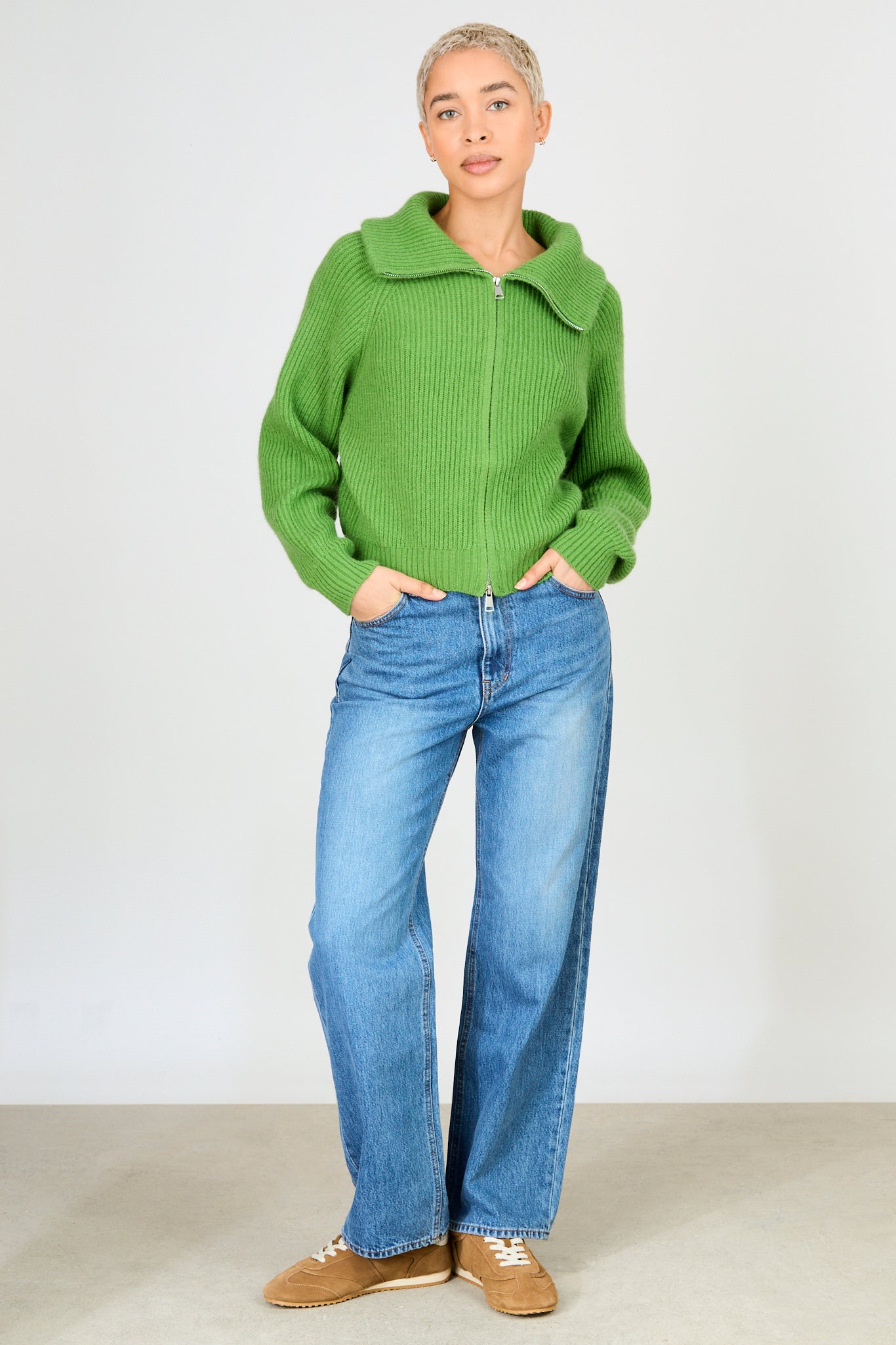 Bright green ribbed large collar double zip cardigan_5
