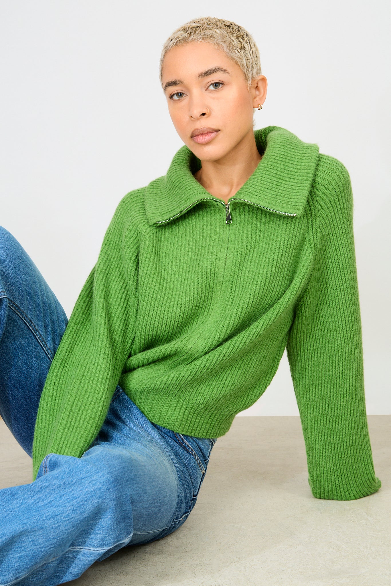 Bright green ribbed large collar double zip cardigan_6
