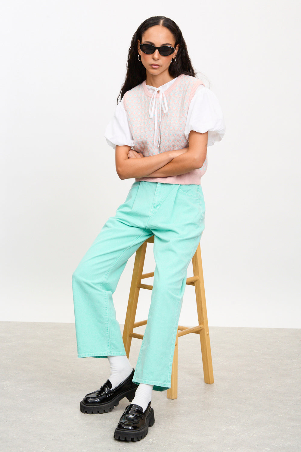 Bright green single pleat straight leg jeans_5