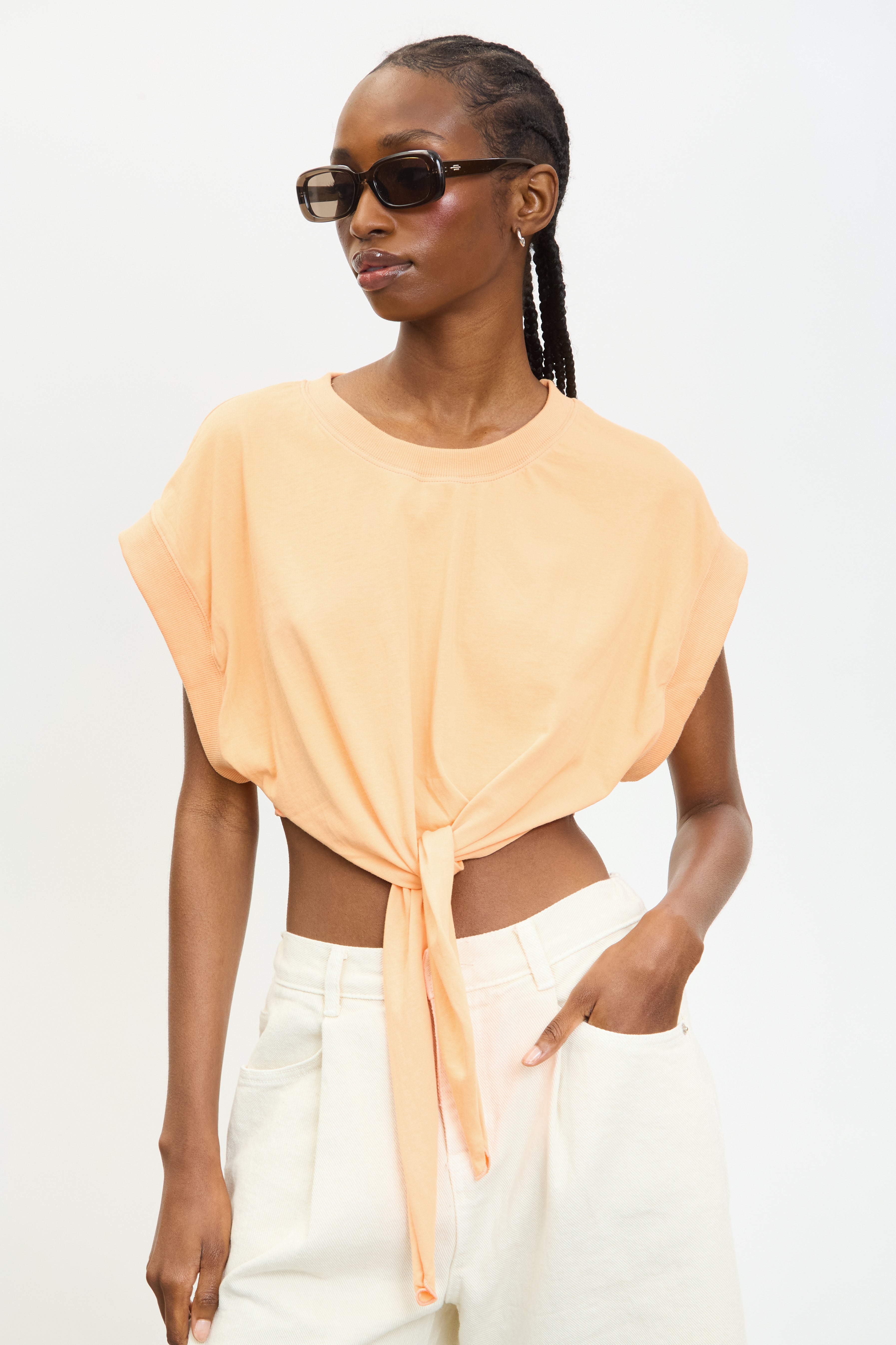 Bright orange tie waist sleeveless tee_1