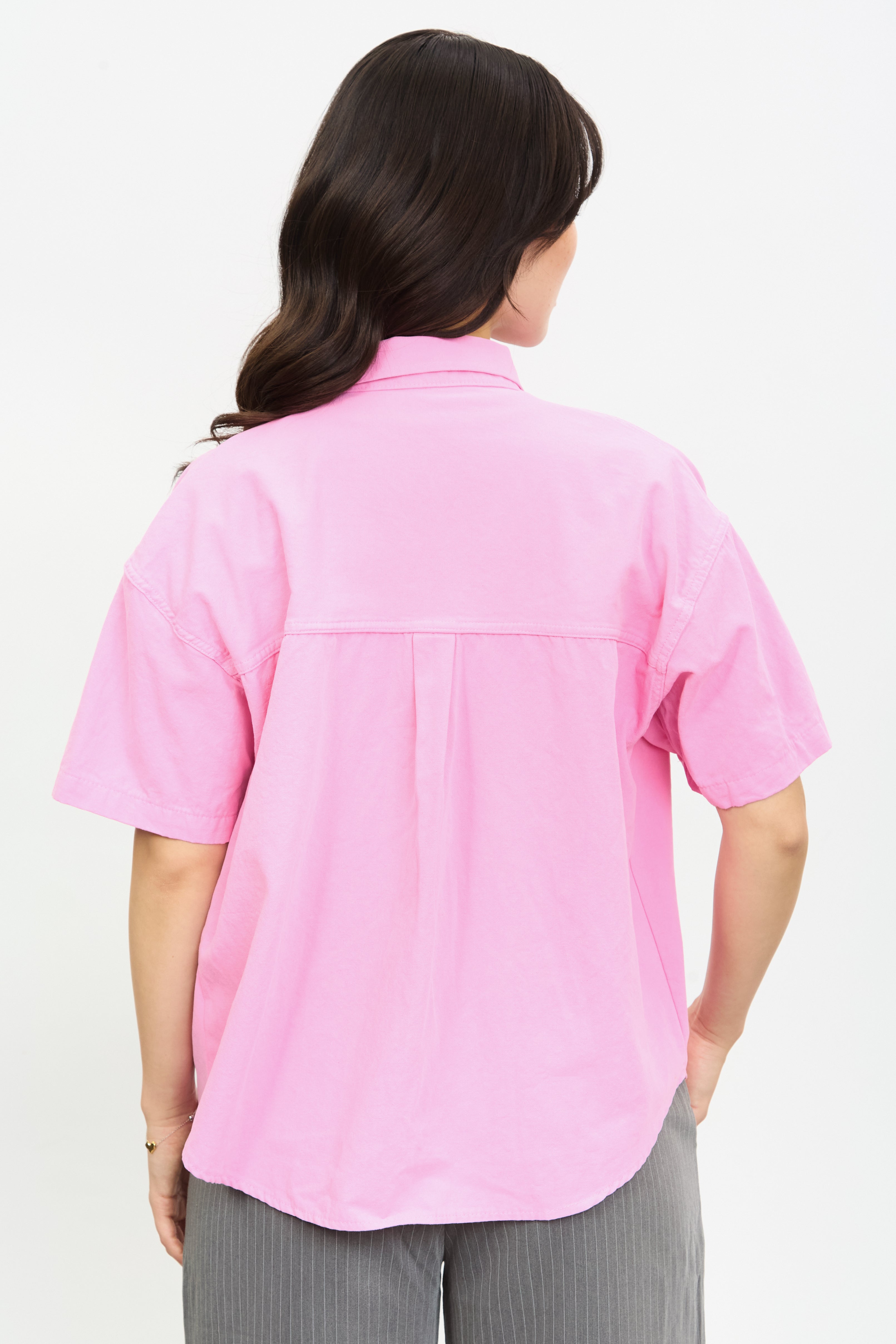 Bright pink pocket front short sleeve shirt_2