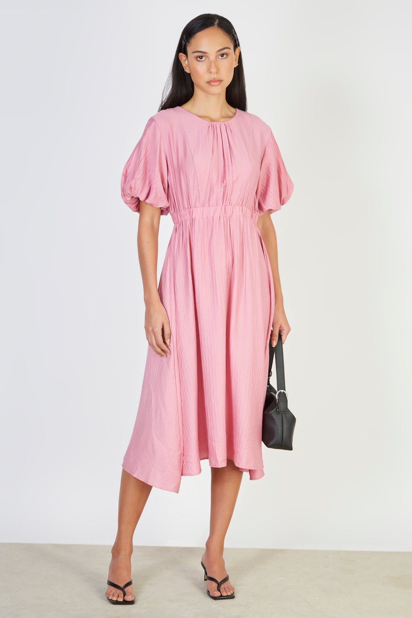 Bright pink puff sleeve dress_1
