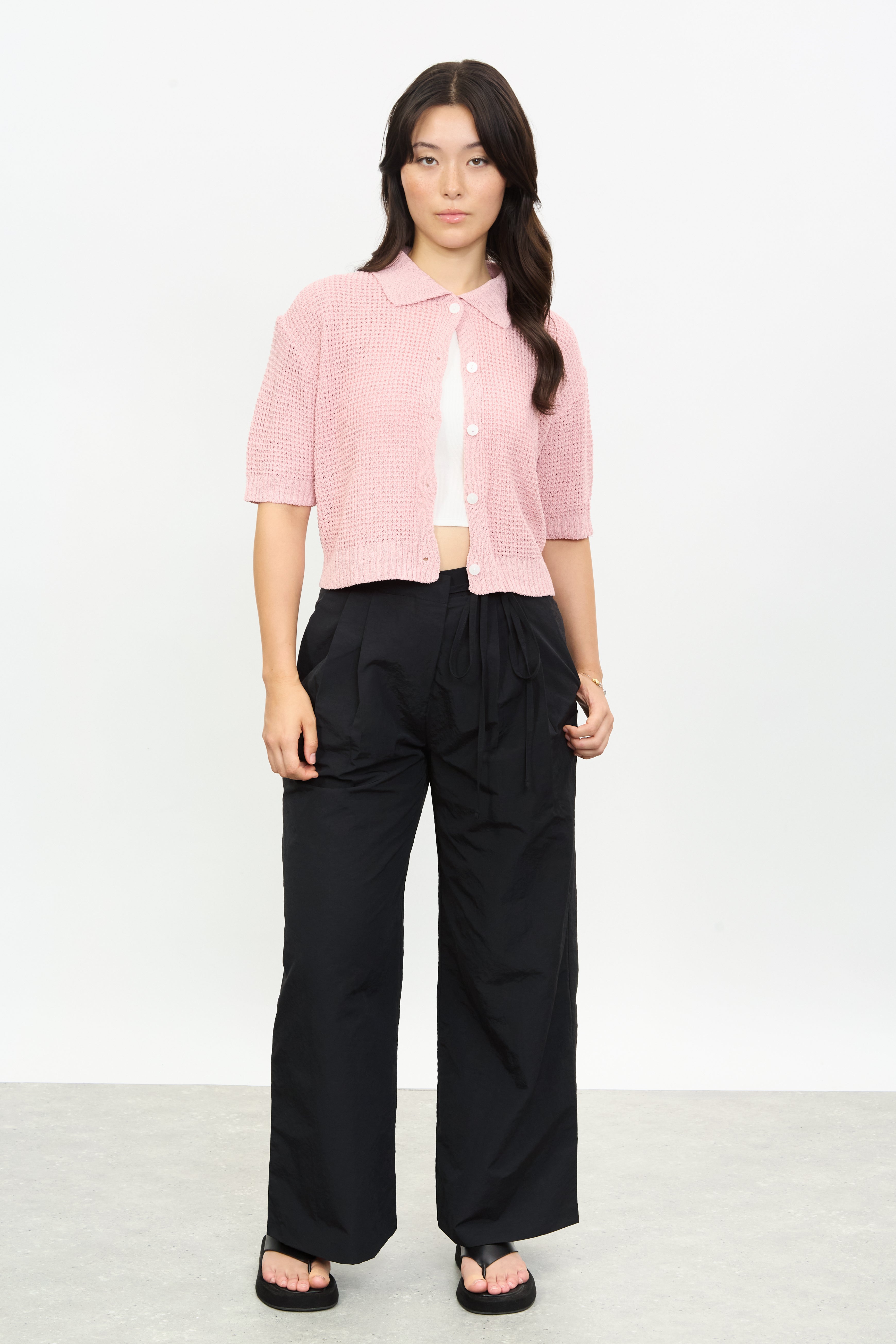 Bright pink short sleeve button front knit polo_4