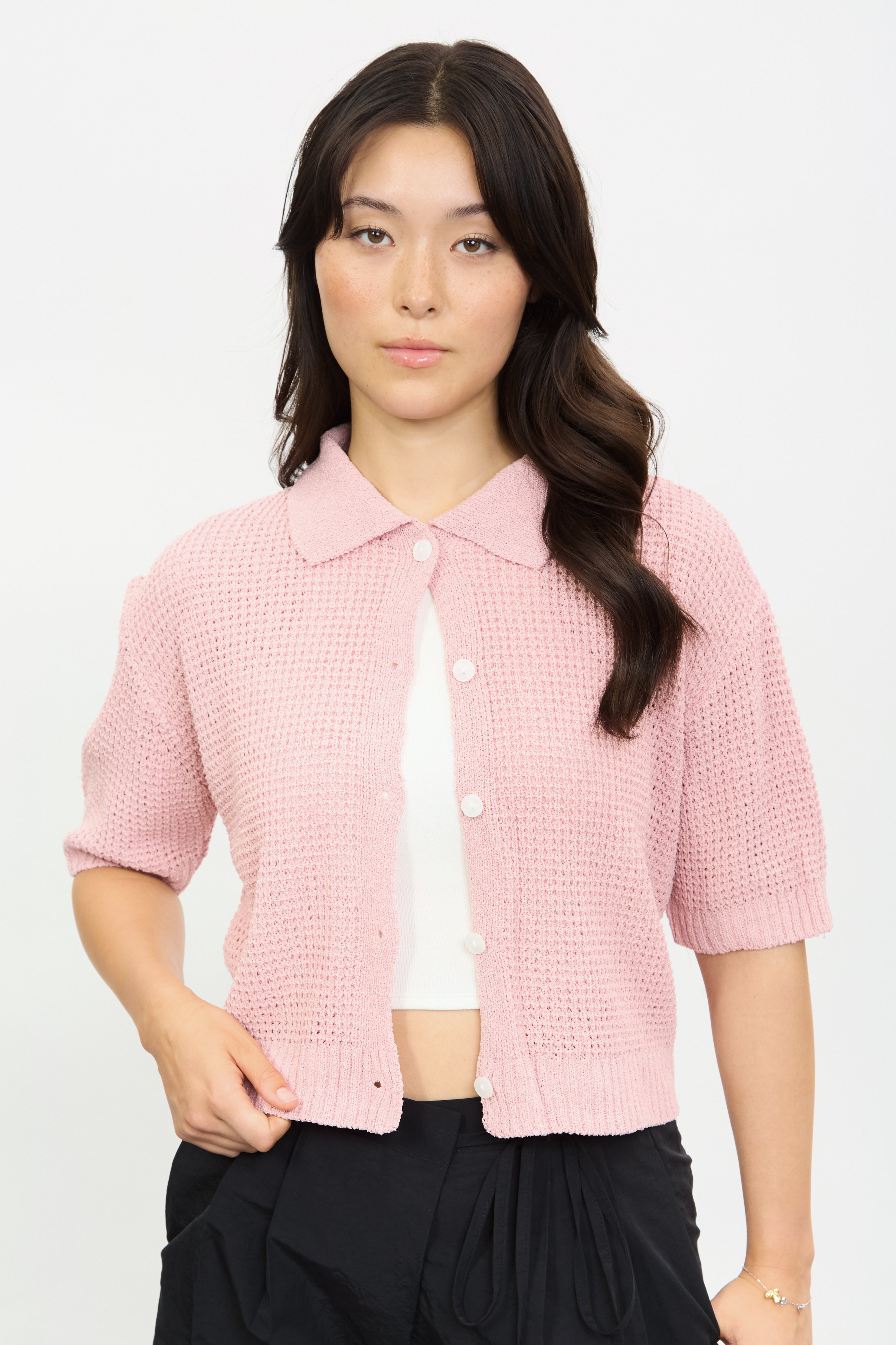 Bright pink short sleeve button front knit polo_1