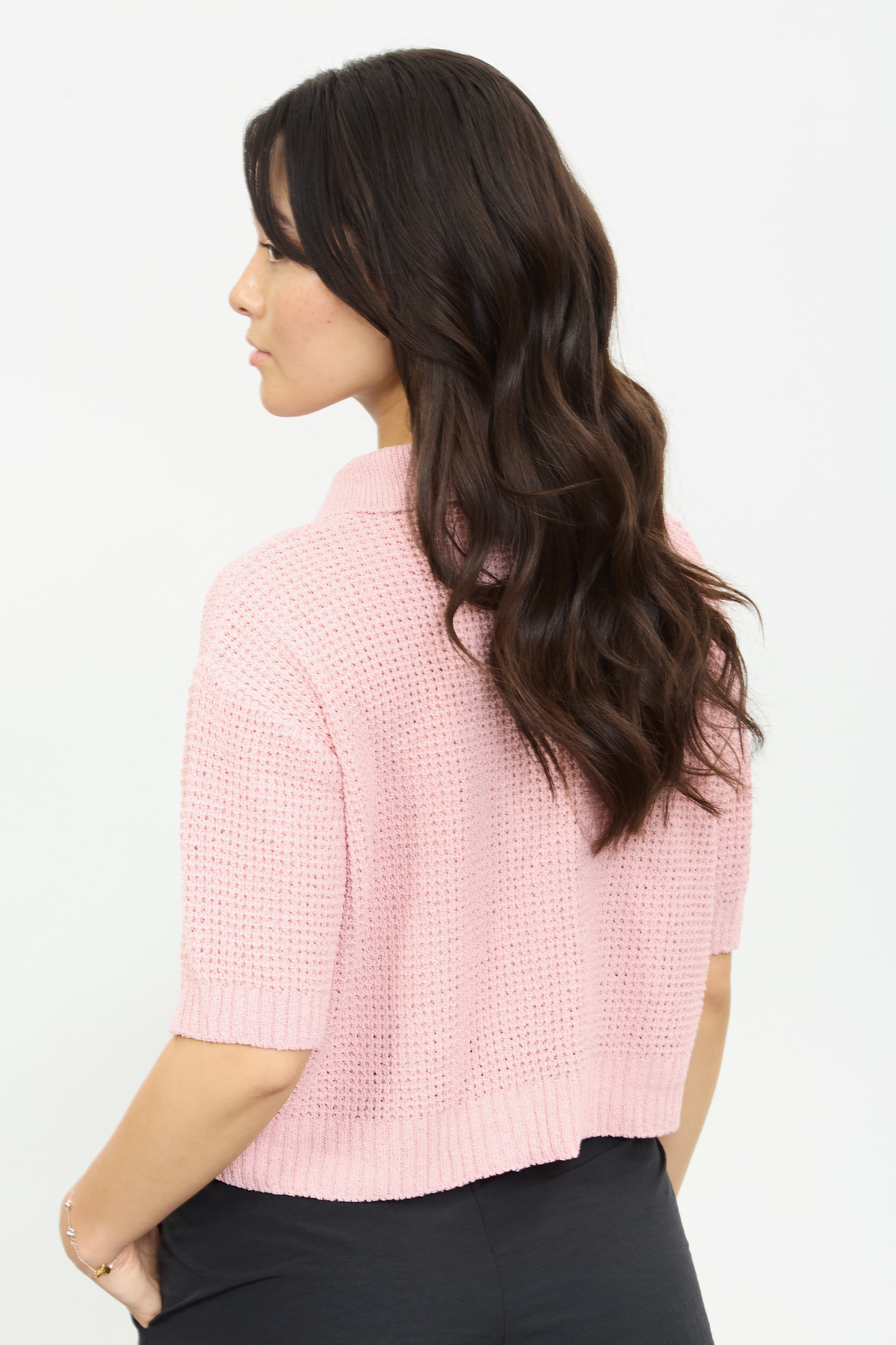 Bright pink short sleeve button front knit polo_2