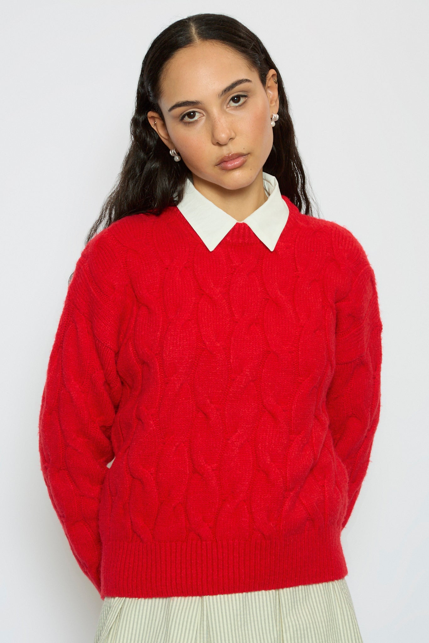 Bright red braided cable knit jumper_2