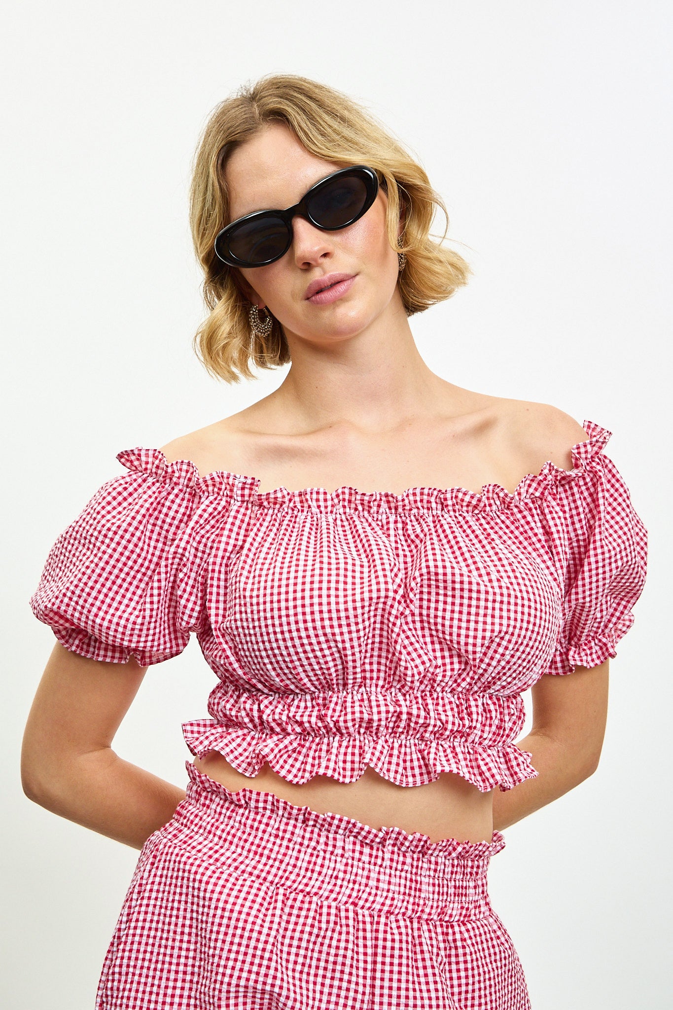 Bright red gingham ruched off shoulder top_1