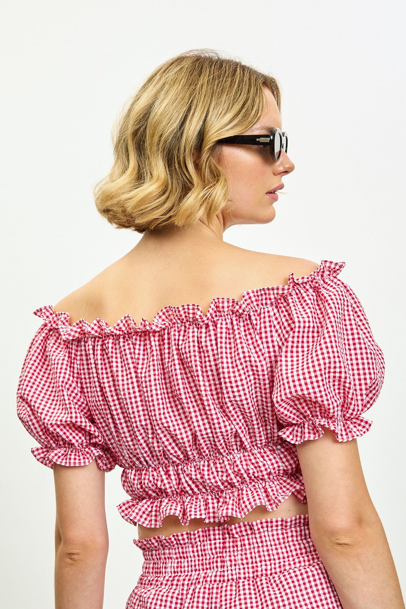 Bright red gingham ruched off shoulder top_2