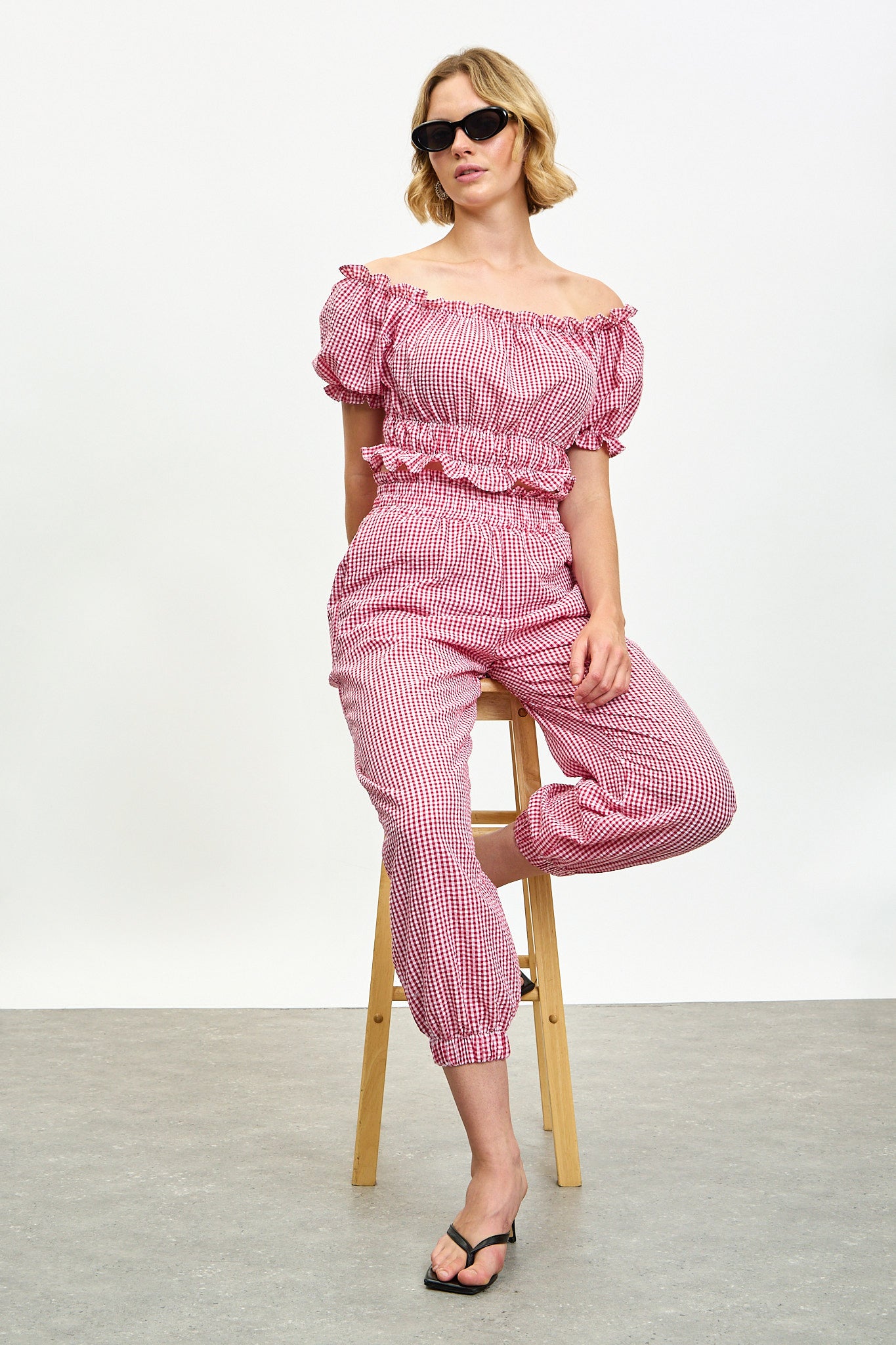 Bright red gingham ruched off shoulder top_5