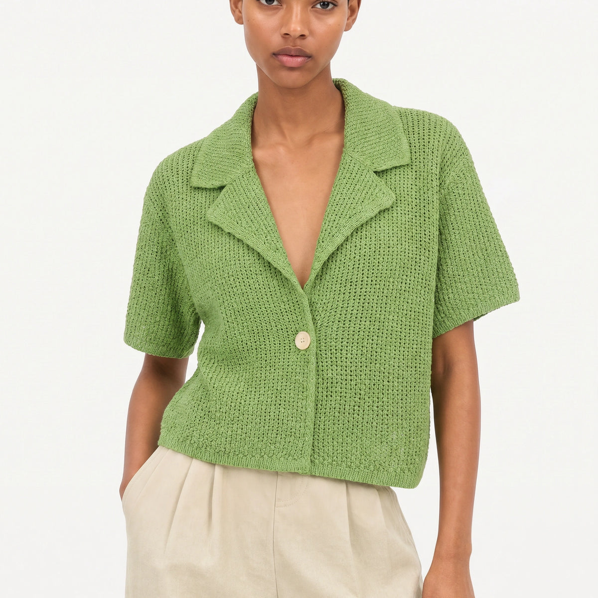 Bright green linen blend short sleeved cardigan | Glassworks London