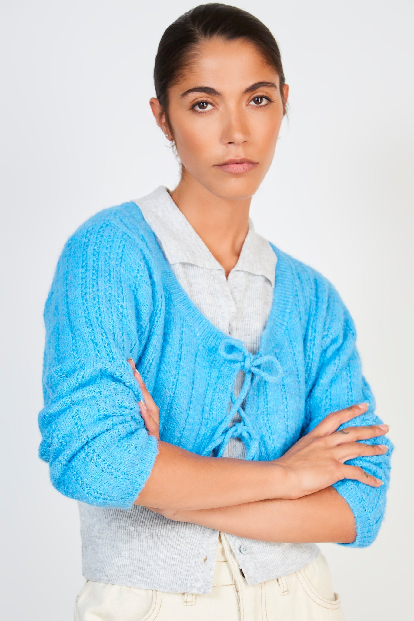 Bright blue double tie cardigan_1