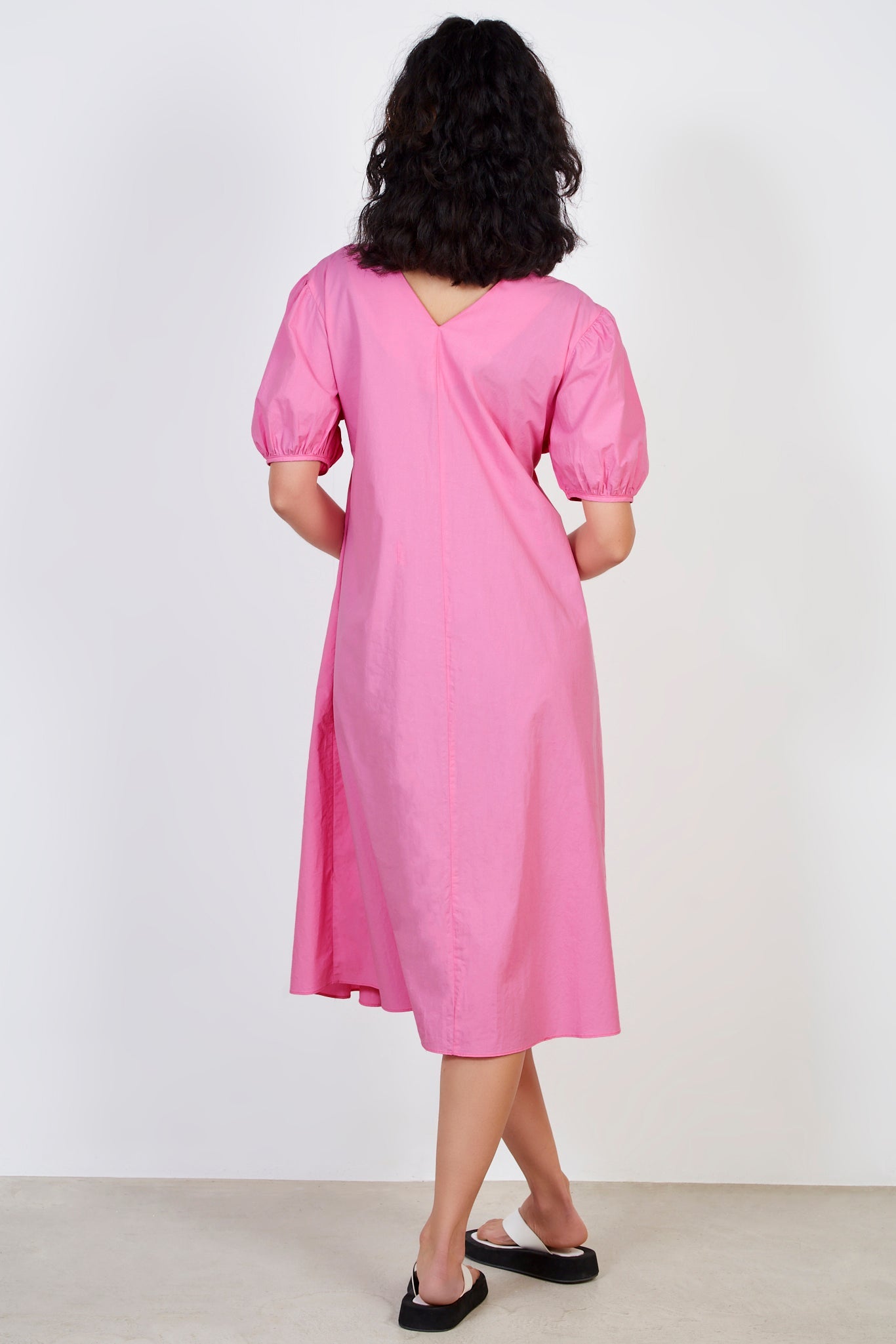 Bright pink ruched seam V neck dress_2