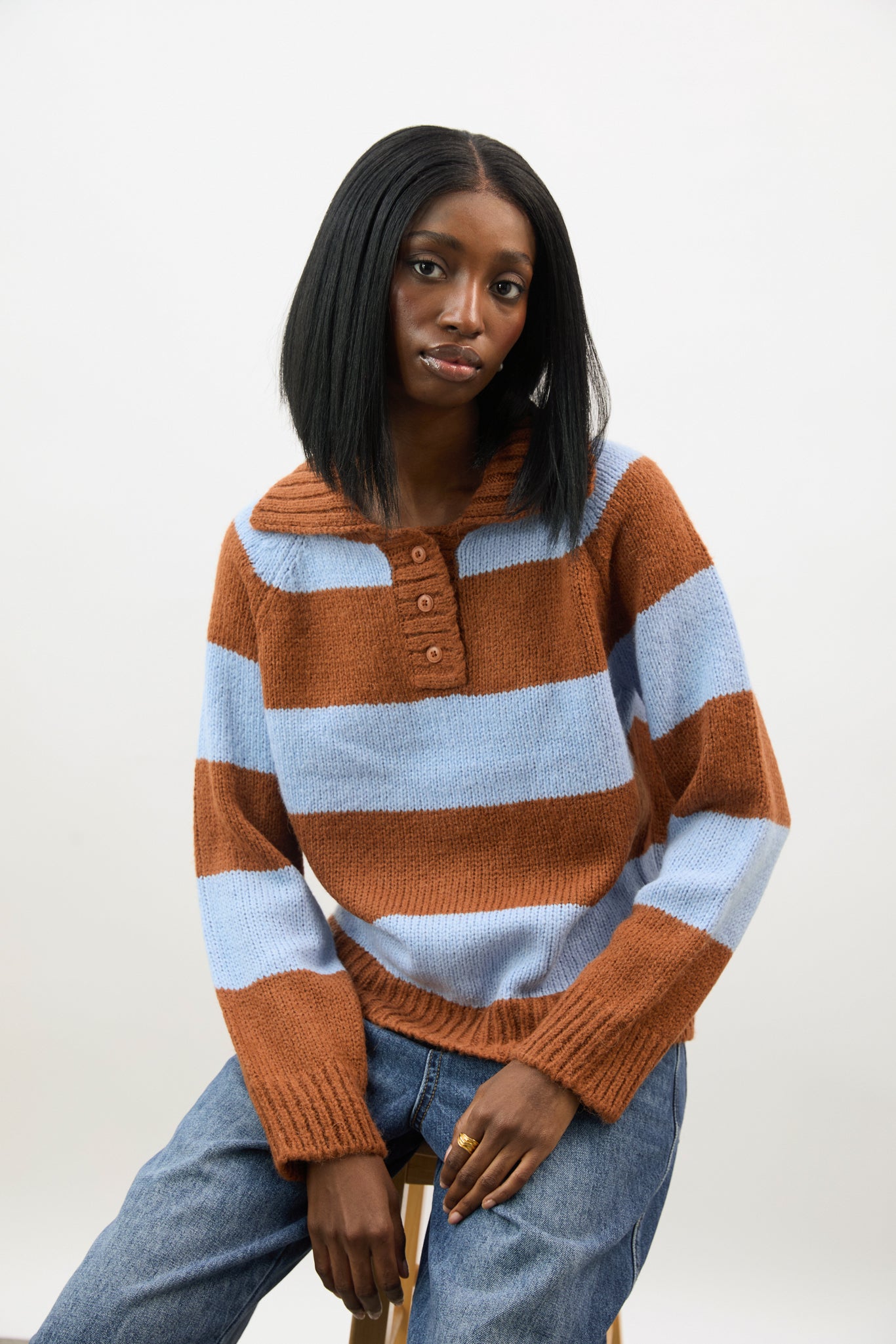 Brown and baby blue thick striped collared jumper_5