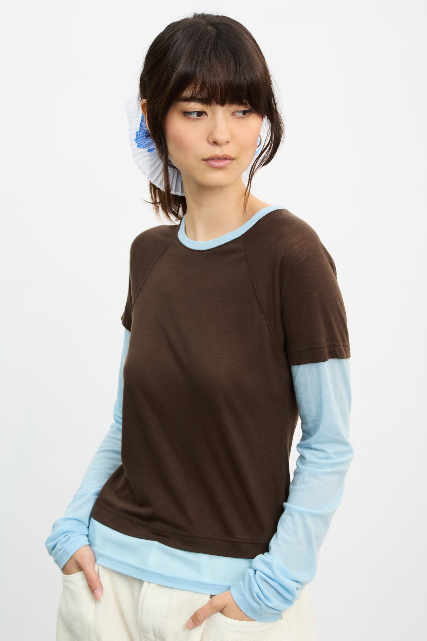 Brown and blue raglan layered tee_1
