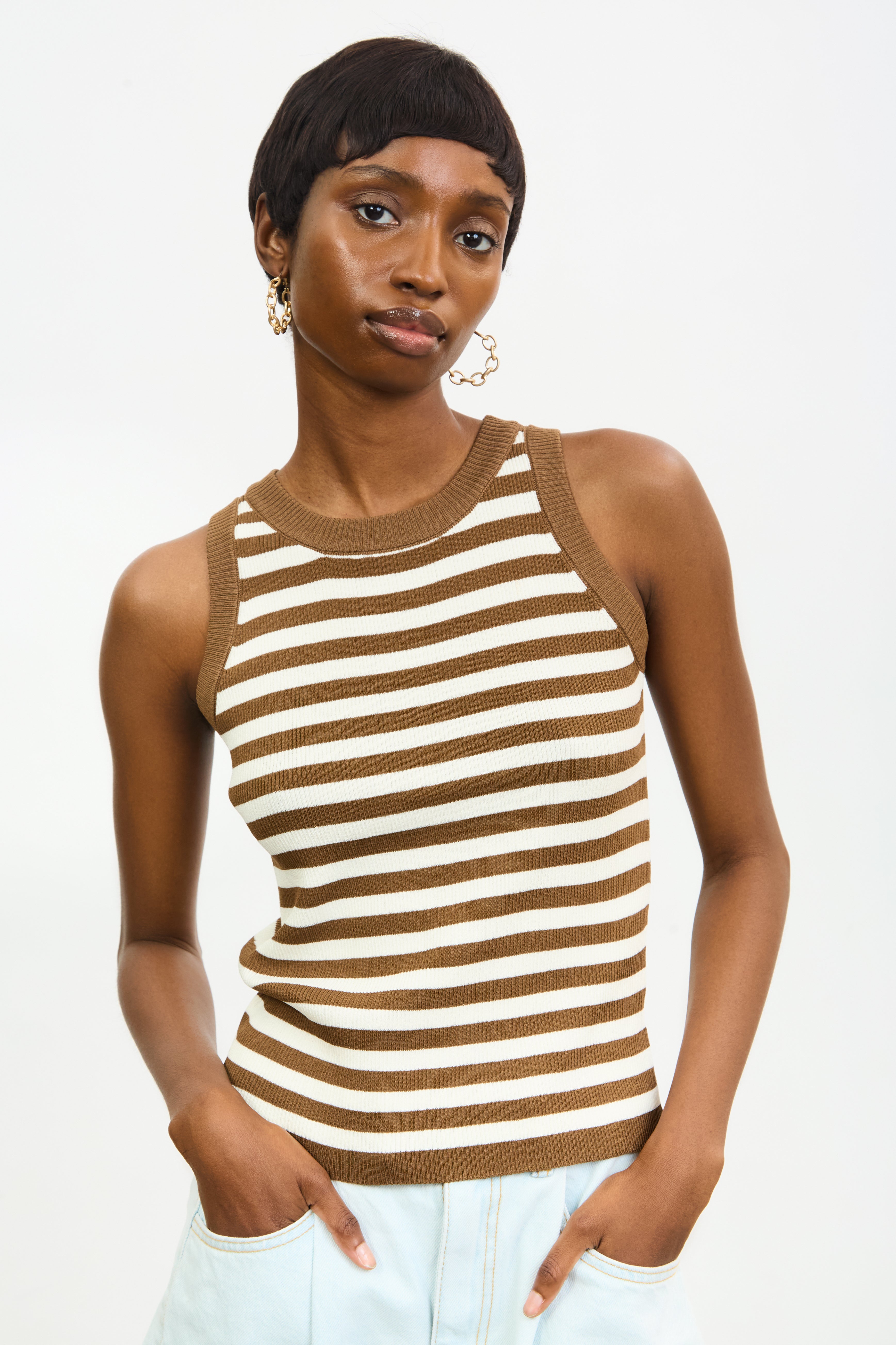 Brown and ivory striped contrast trim tank_1