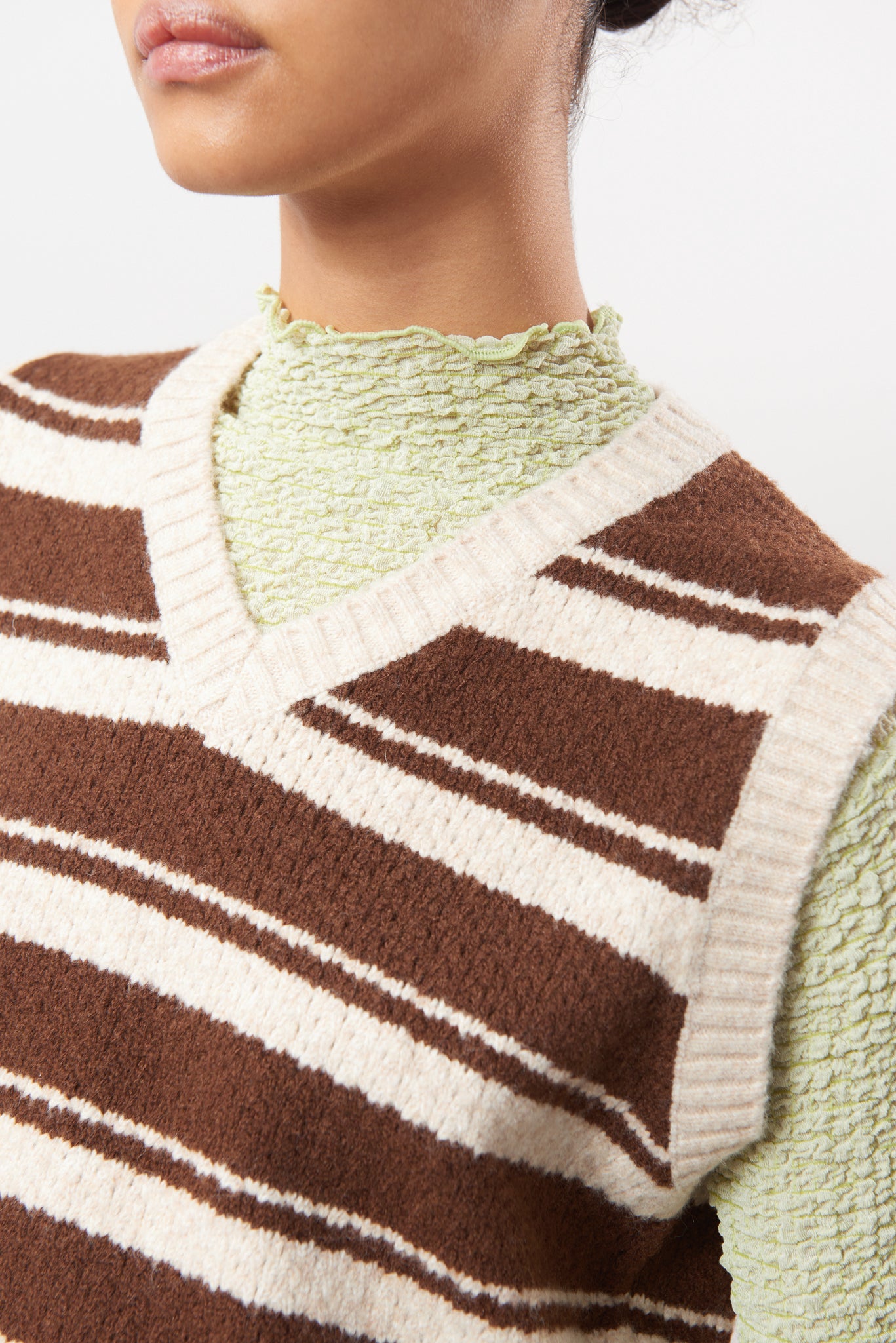 Brown and ivory textured striped wool blend sweater vest_3