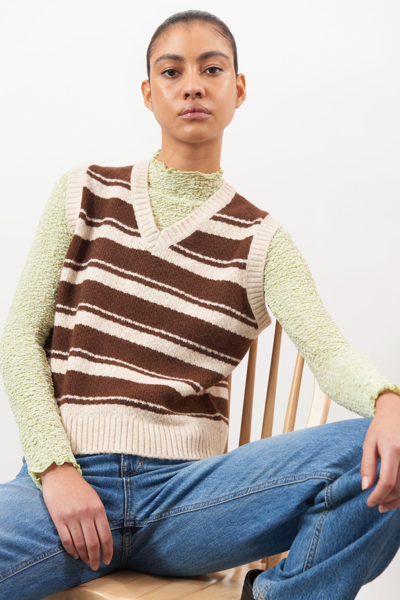 Brown and ivory textured striped wool blend sweater vest_5