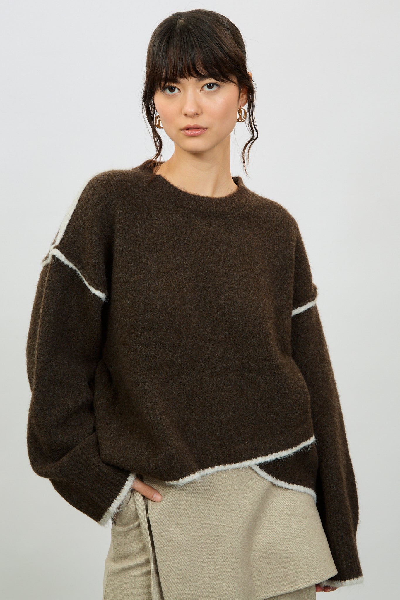 Brown and ivory wool blend asymmetric hem jumper_1