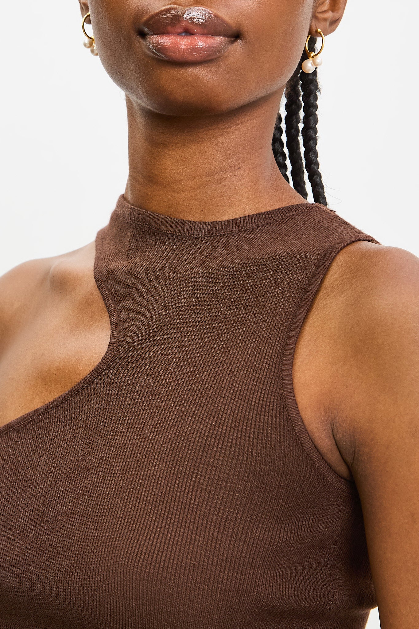 Brown asymmetric neckline knit tank_3