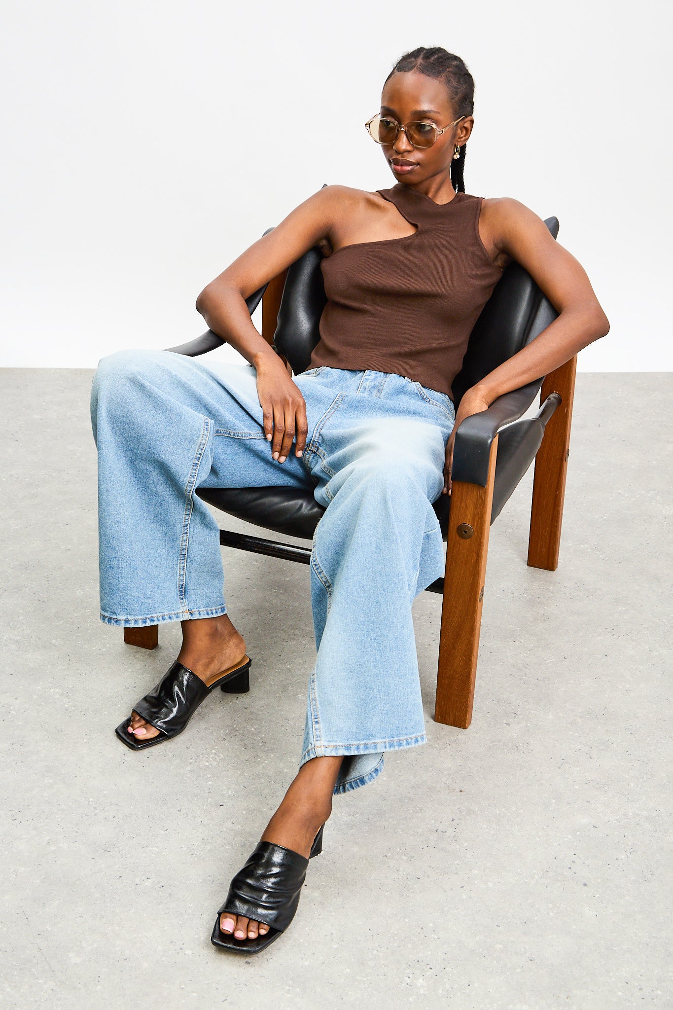 Brown asymmetric neckline knit tank_5