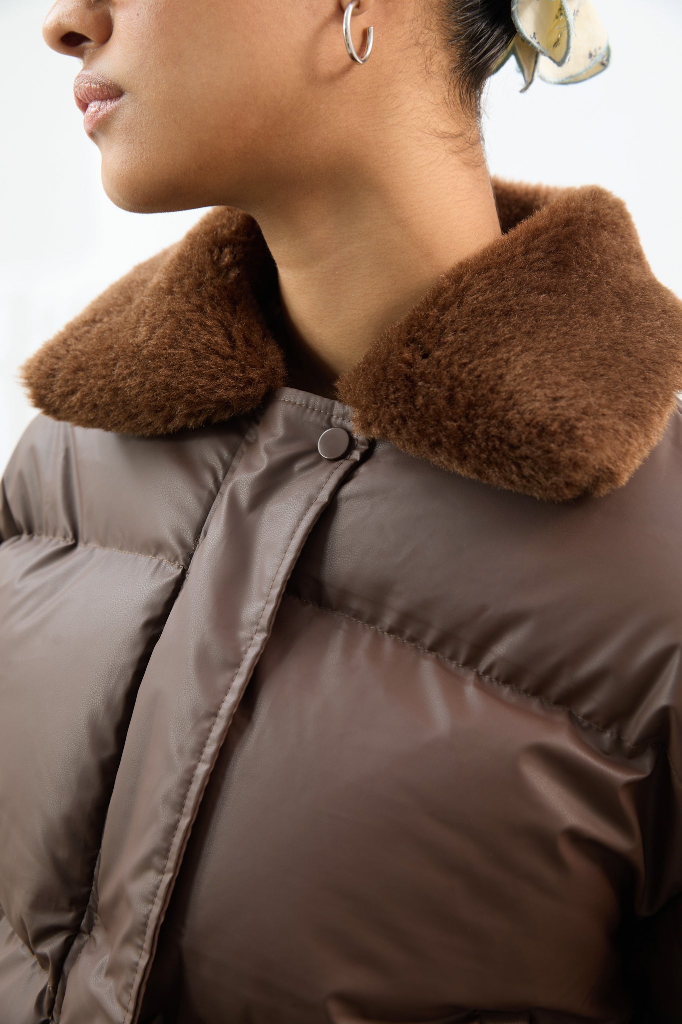 Brown and caramel faux fur collar puffer coat_4