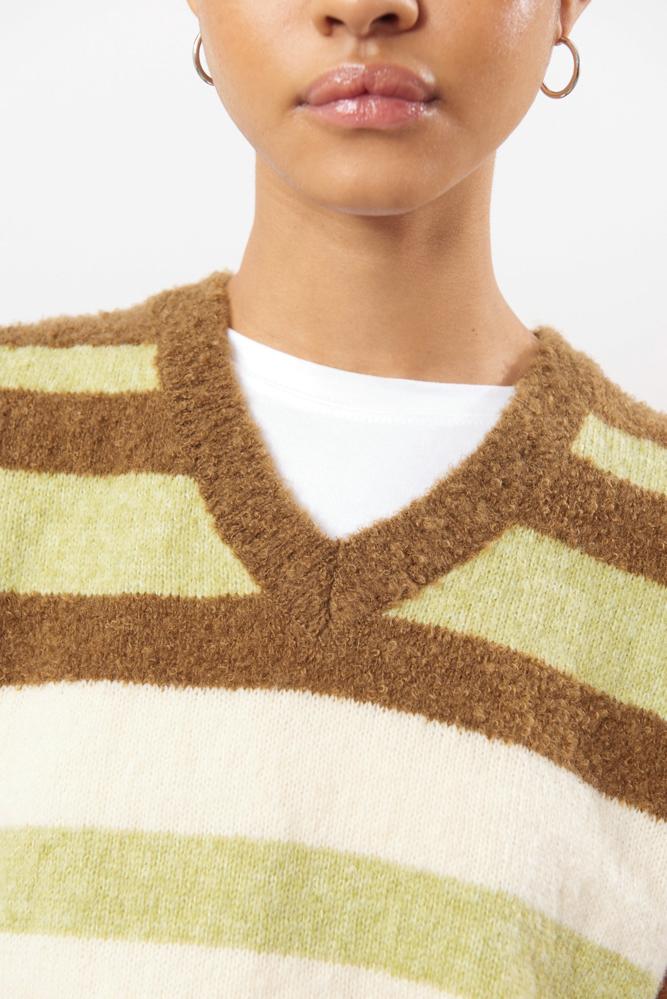 Brown green and ivory striped fuzzy sweater vest_3