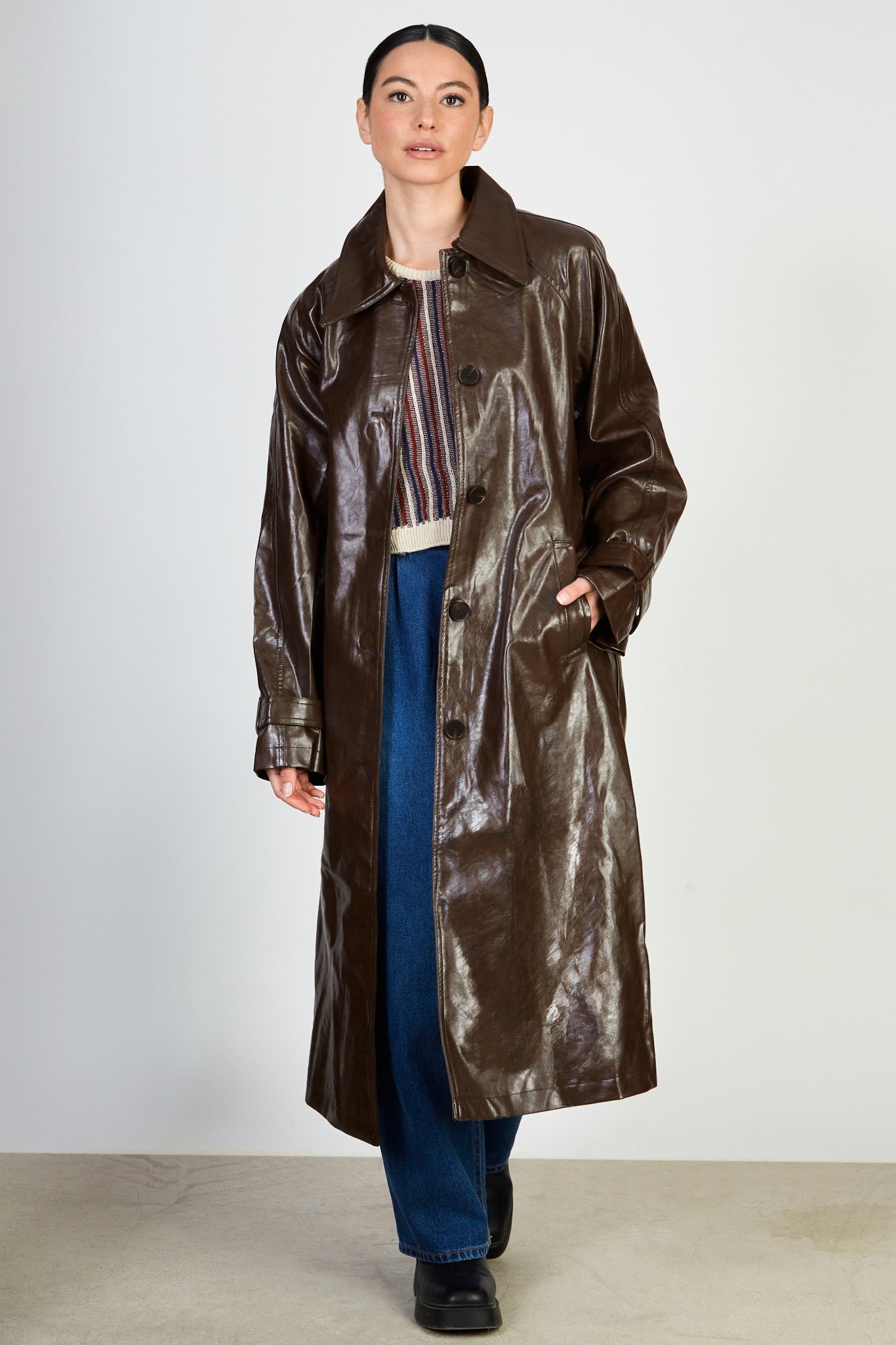 Brown high shine vegan leather coat_2
