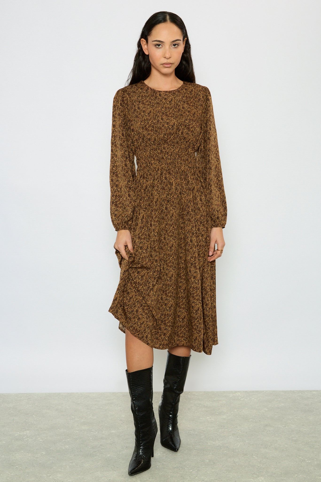 Brown leopard print smock waist silky dress_2