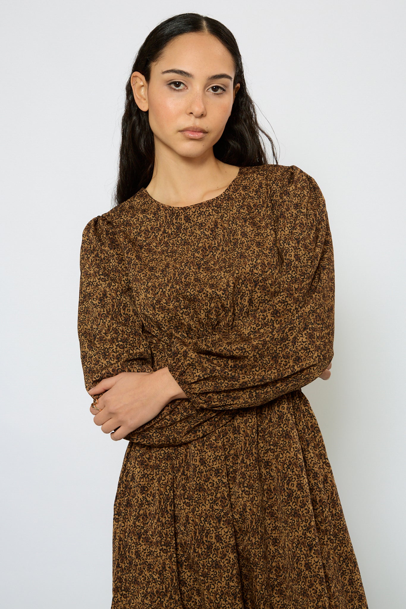 Brown leopard print smock waist silky dress_5
