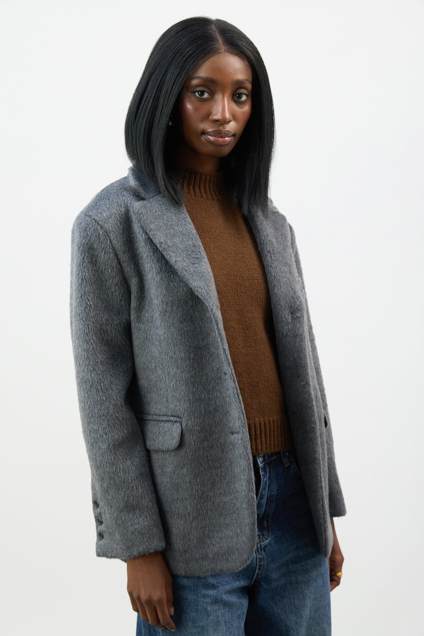 Charcoal grey wool blend brushed button up blazer_2