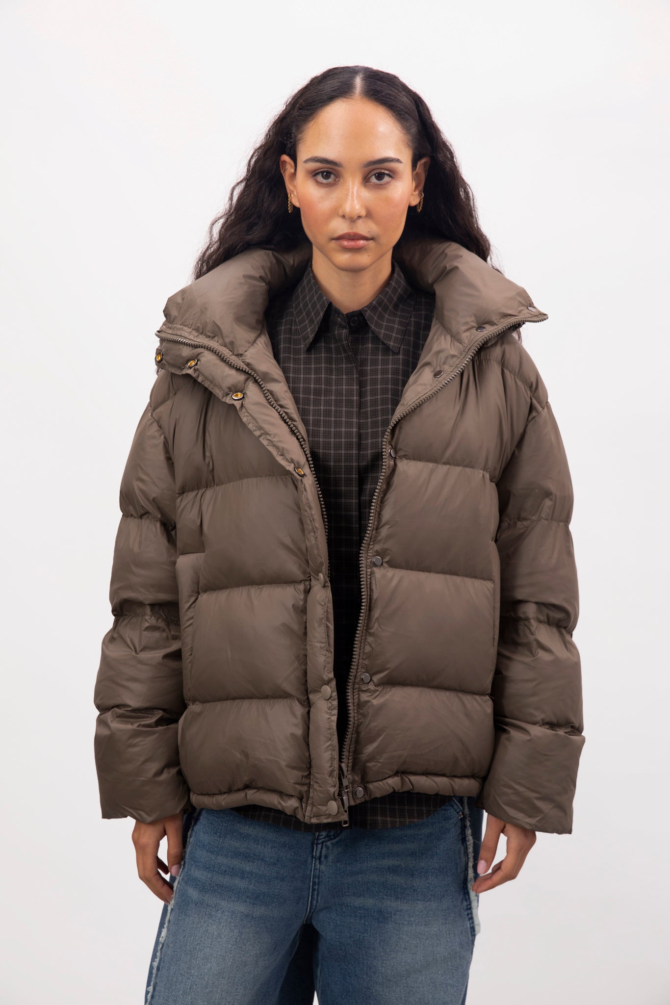 Khaki oversized duck down puffer jacket | Glassworks London